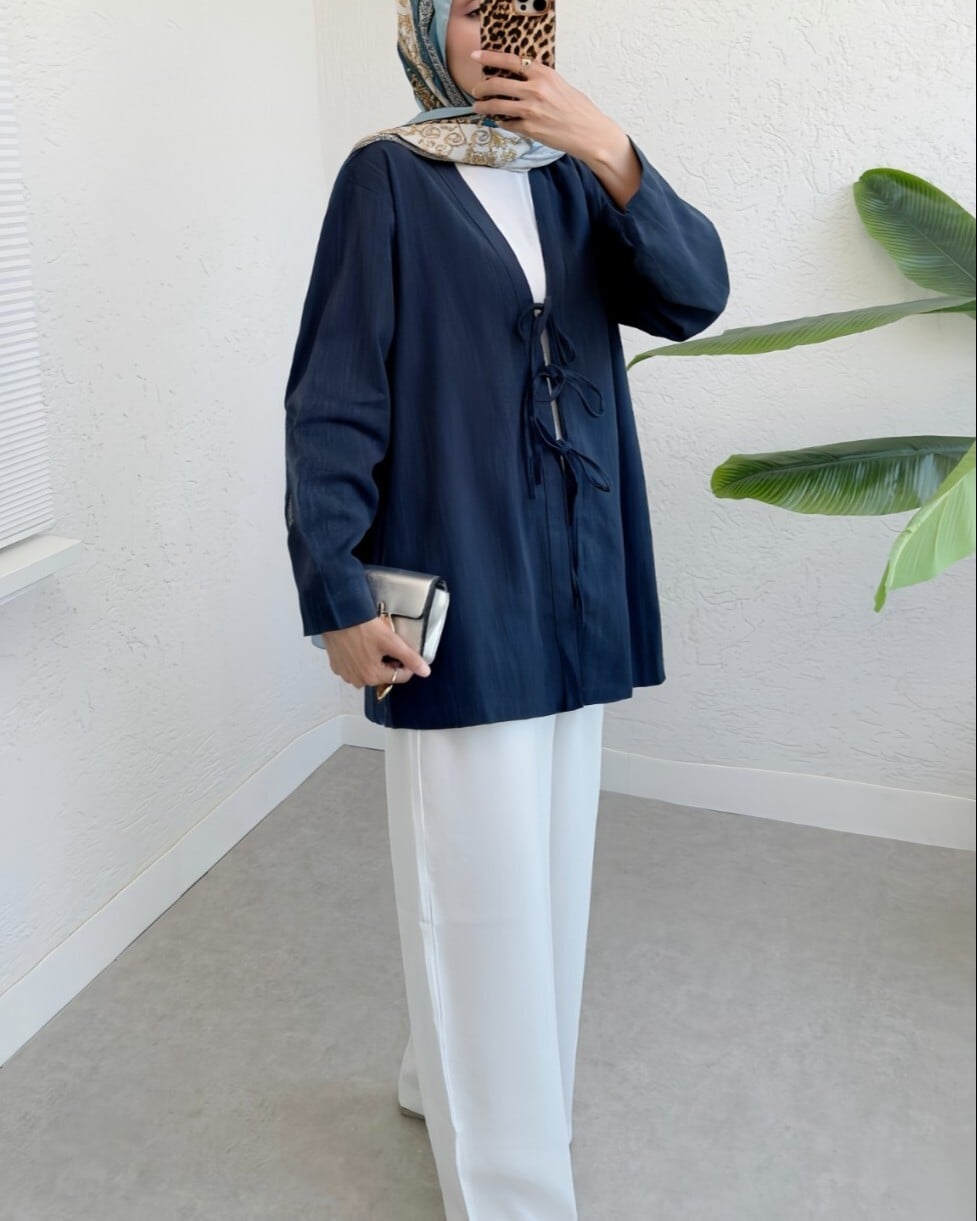 Navy Blue Three-Tie Linen Look Kimono Cardigan - Podyumplus - by Peralane - photo 4