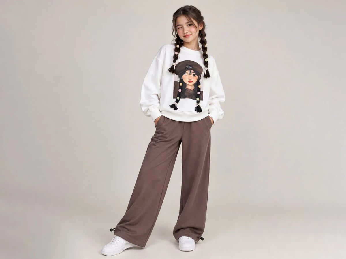 Girls' Printed Flower Detail Sweatshirt and Trousers Set (No Cardigan) - ÖZ Bebe - by Peralane