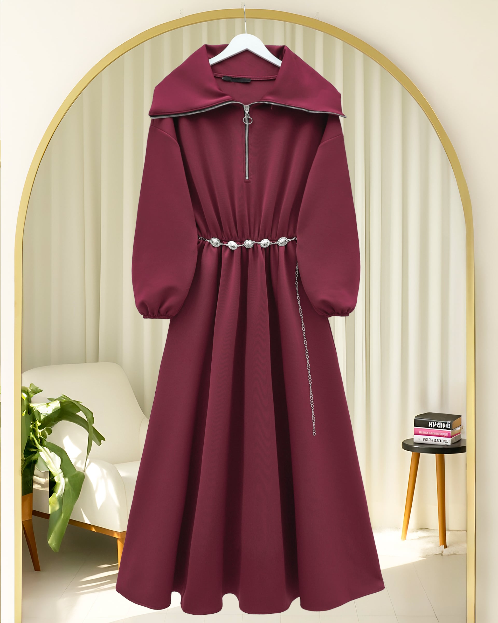 Quarter-Zip Drawstring Waist Scuba Dress - Burgundy - Podyumplus - by Peralane - photo 3