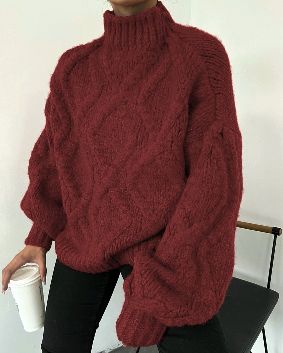 Half Turtleneck Cable Knit Sweater - Burgundy - Podyumplus - by Peralane