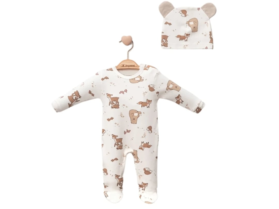 Baby Boy Animal Print Footed Romper with Hat - Off White - Cayzen - by Peralane