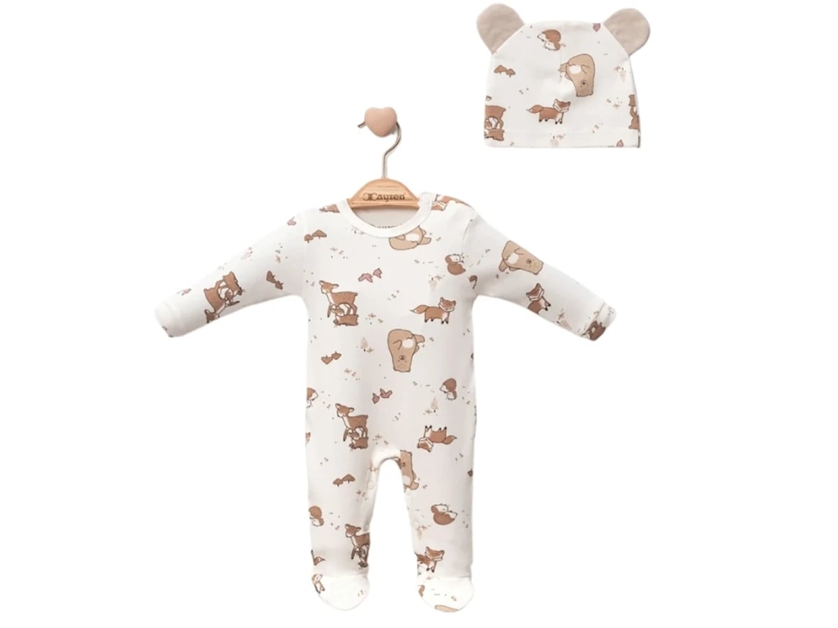 Baby Boy Animal Print Footed Romper with Hat - Off White - Cayzen - by Peralane