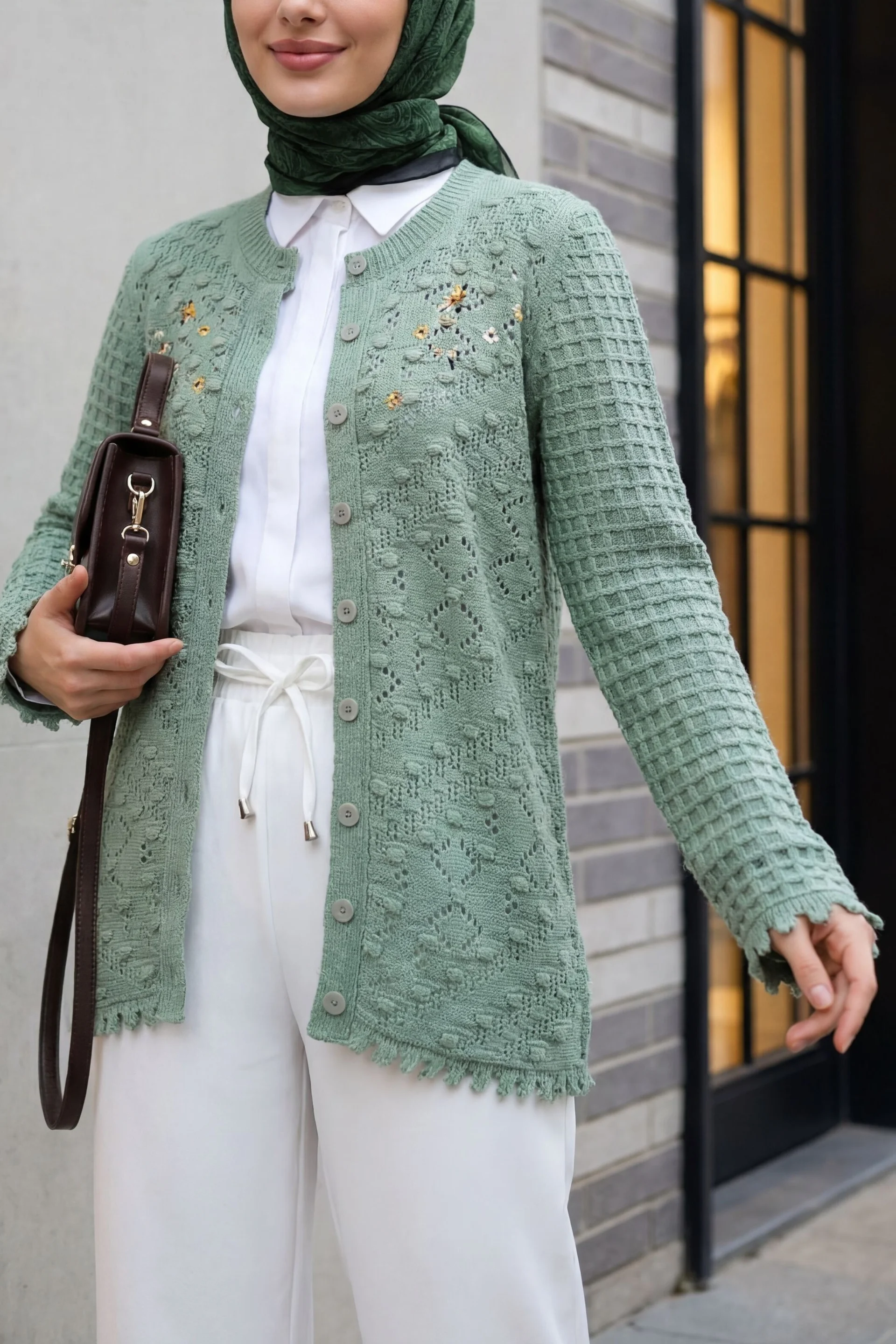 Pom-Pom Round Neck Button Knit Cardigan - Mint - Podyumplus - by Peralane - photo 3