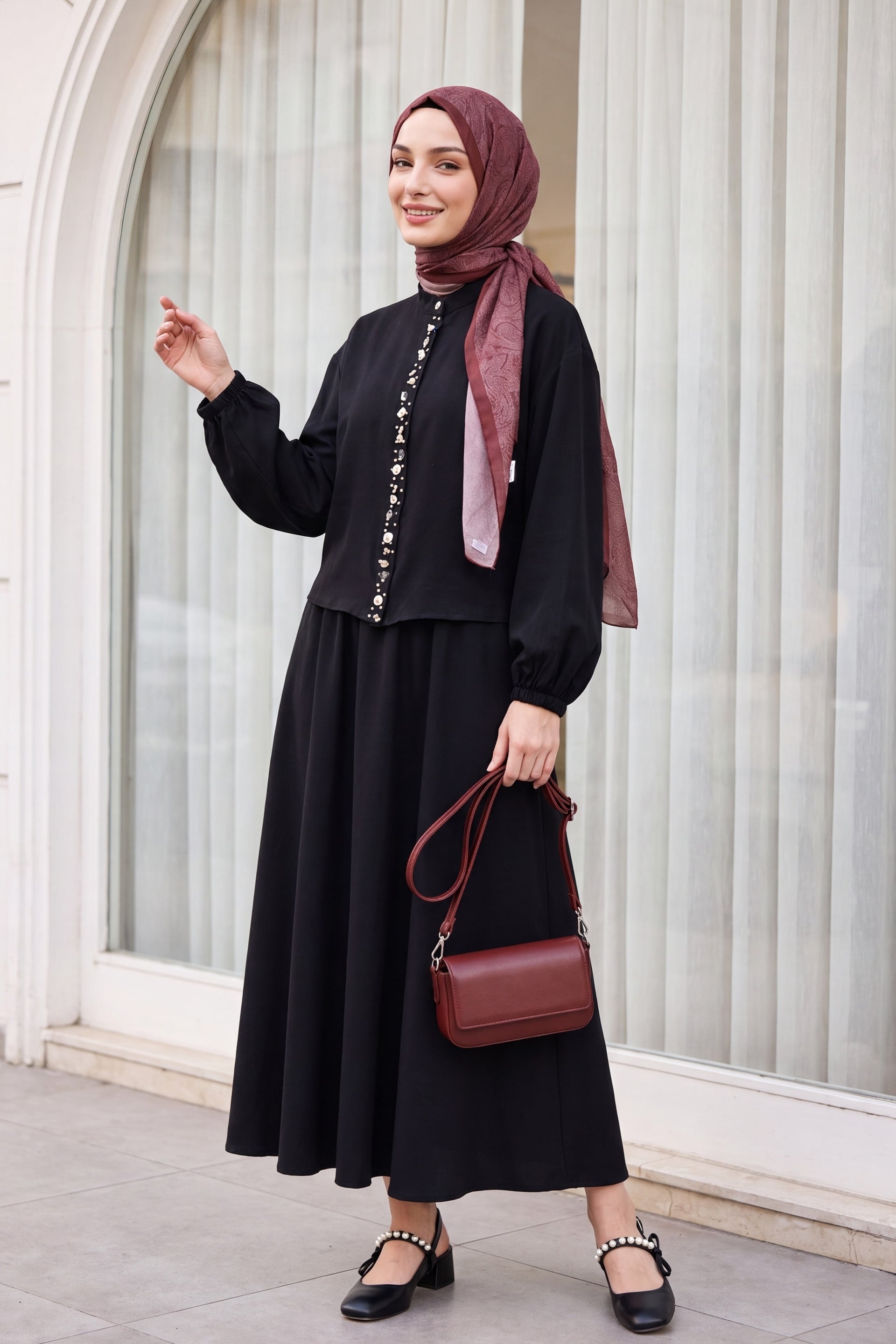 Black Modal Two-Piece Set with Pearl Button Blouse and Skirt - Podyumplus - by Peralane