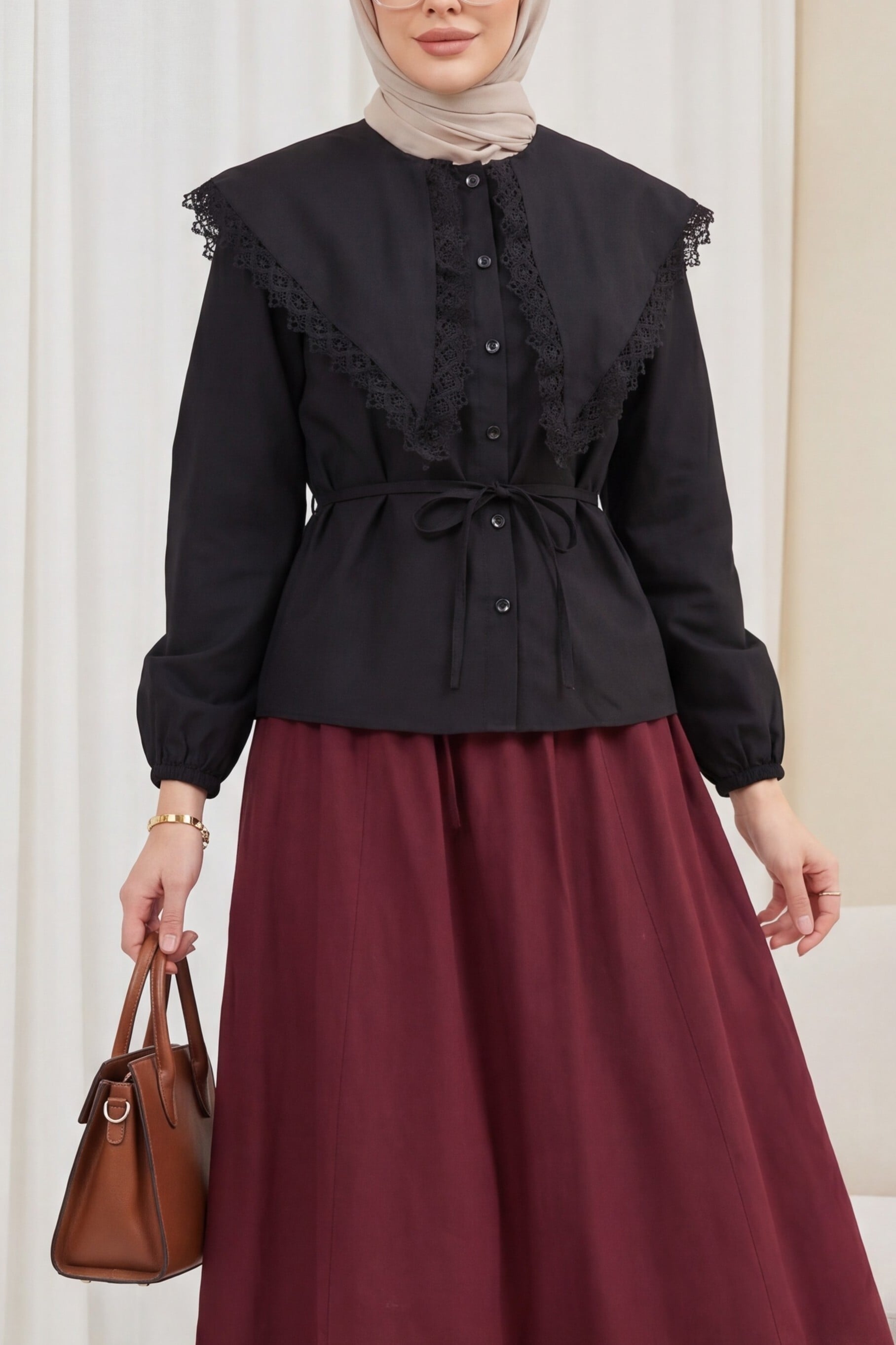 Lace Trim Wide Collar Tie Waist Poplin Blouse - Black - Podyumplus - by Peralane