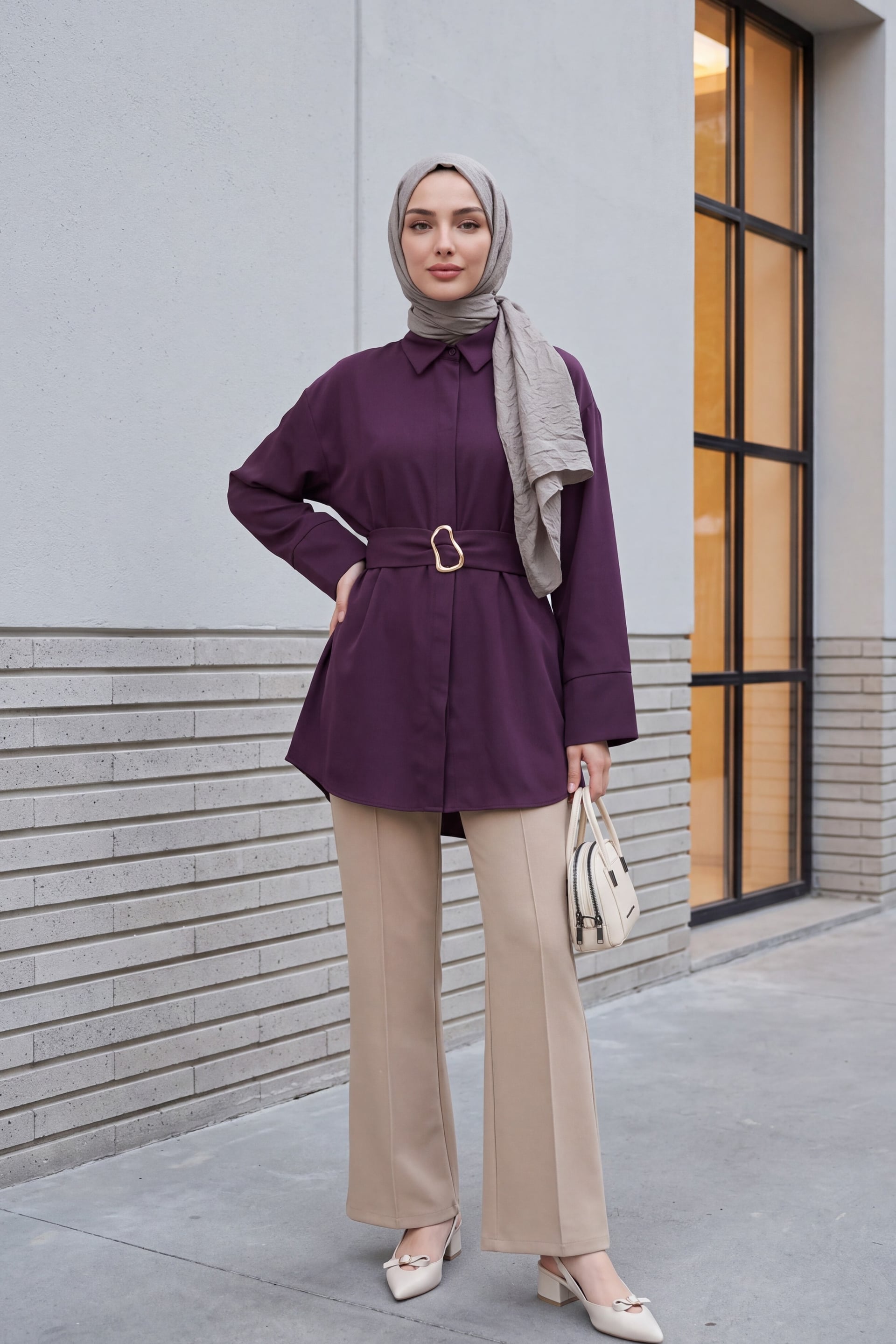 Belted Double Cuff Poplin Tunic - Deep Plum - Podyumplus - by Peralane - photo 3