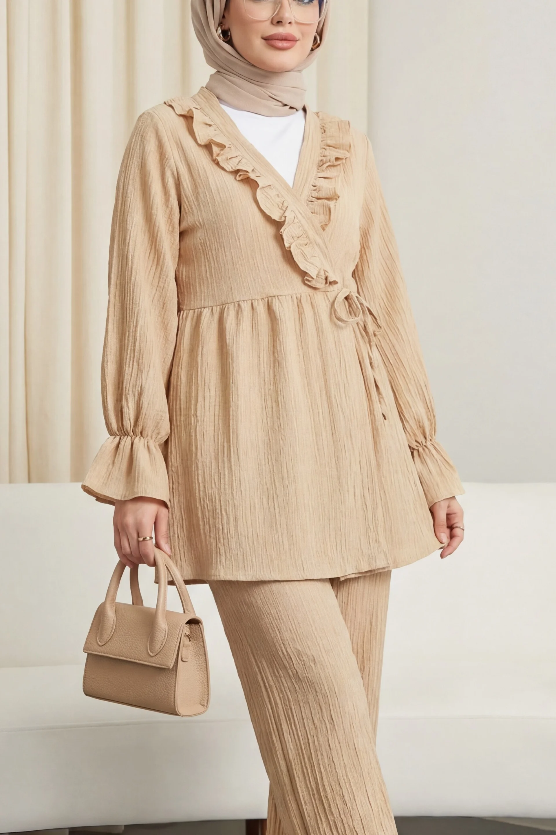 Crinkle Kimono Set with Ruffled Trim and Tie Waist - Beige - Podyumplus - by Peralane