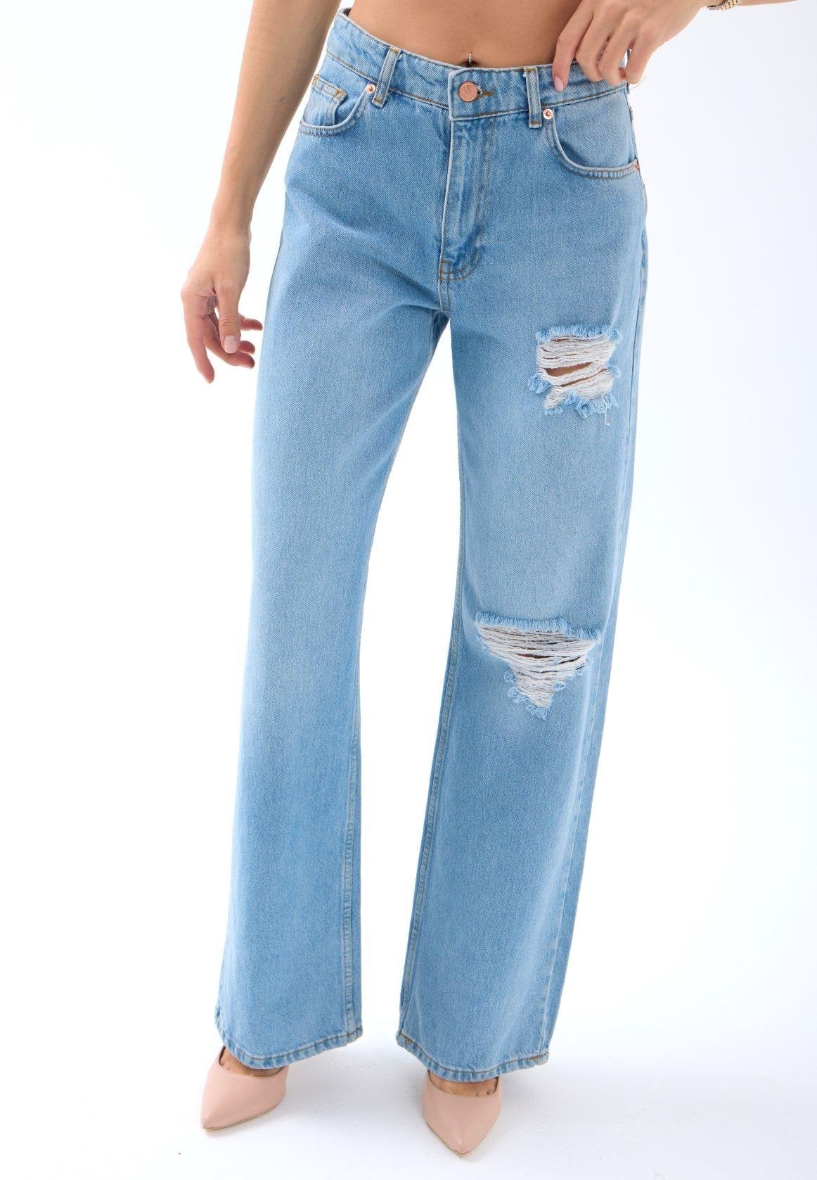 Women's Distressed High Waist Wide Leg Denim Jeans - Light Blue - Fame - by Peralane - photo 2