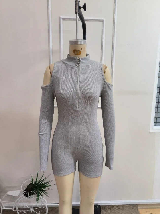 Women's Grey Ribbed Knit Romper with Quarter-Zip and Cold-Shoulder Sleeves - Janes - by Peralane - photo 4