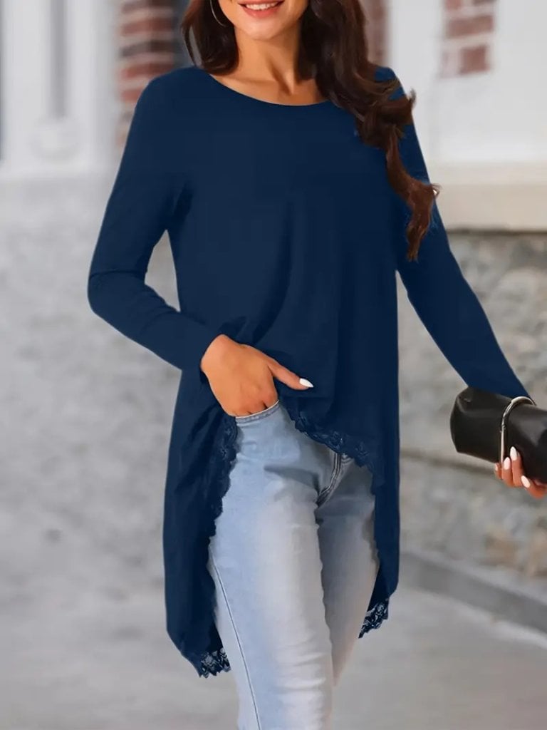 Women's Long Sleeve Round Neck Asymmetric Lace Trim Viscose Tunic - Navy Blue - Janes - by Peralane