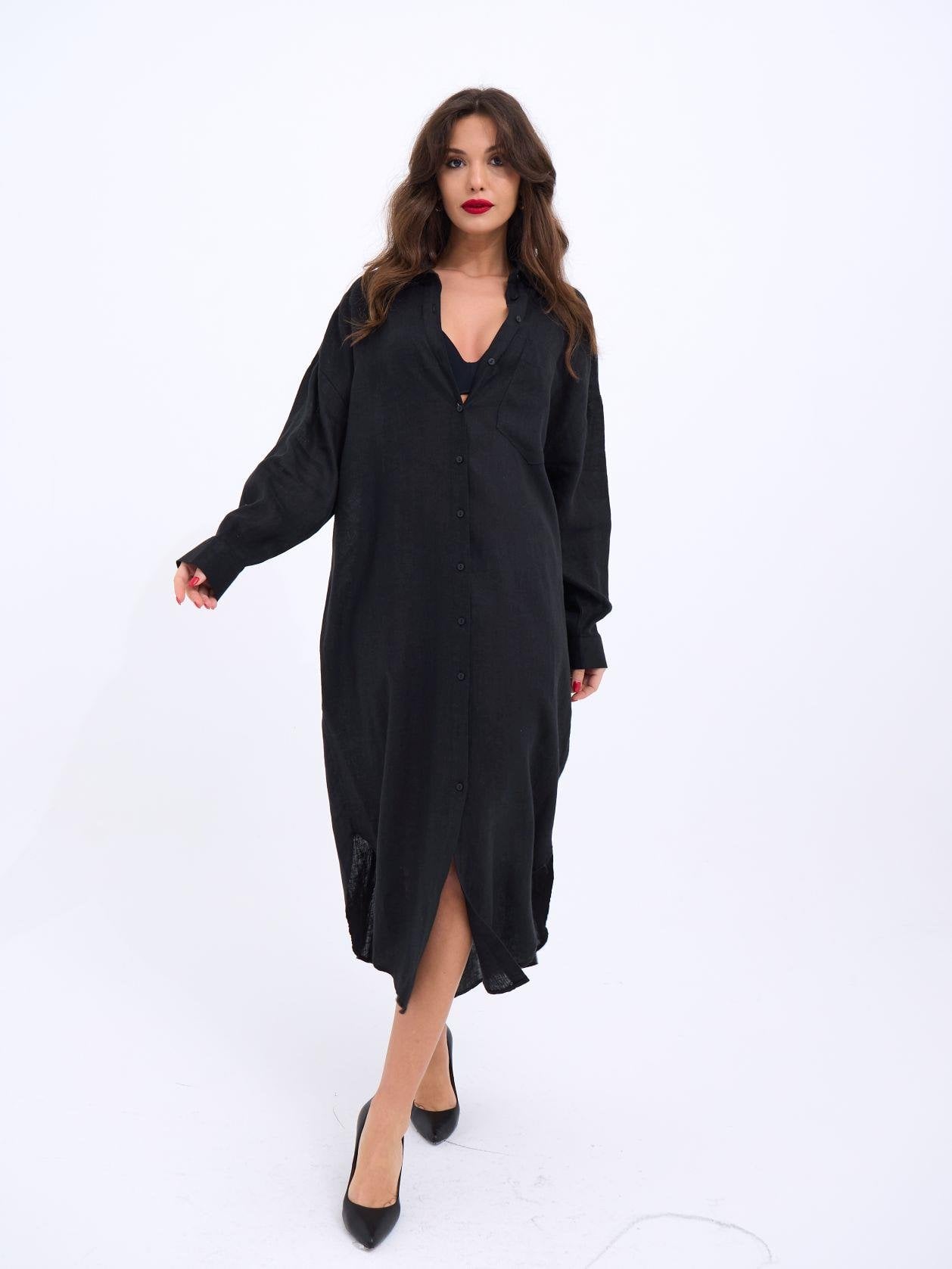 Black Linen-Blend Shirt Dress with Collar and Chest Pocket - Fame - by Peralane - photo 3