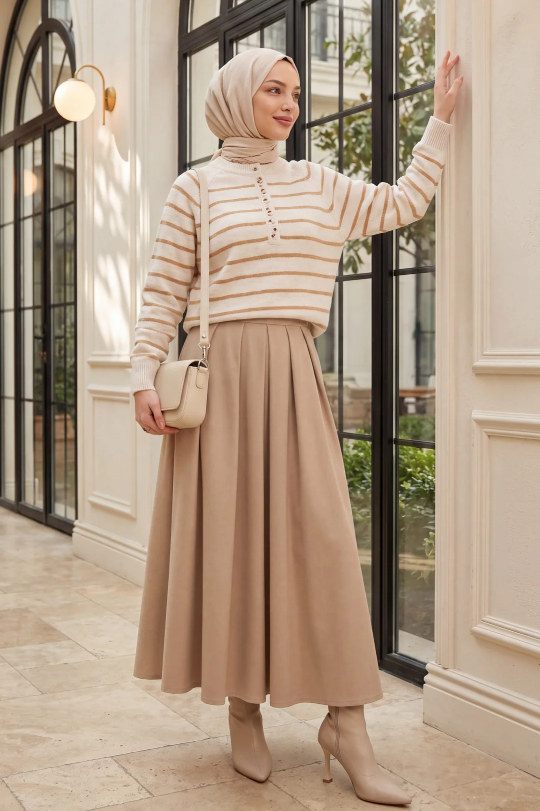 Cream and Brown Striped Buttoned Knit Sweater - Bigdart - by Peralane - photo 2