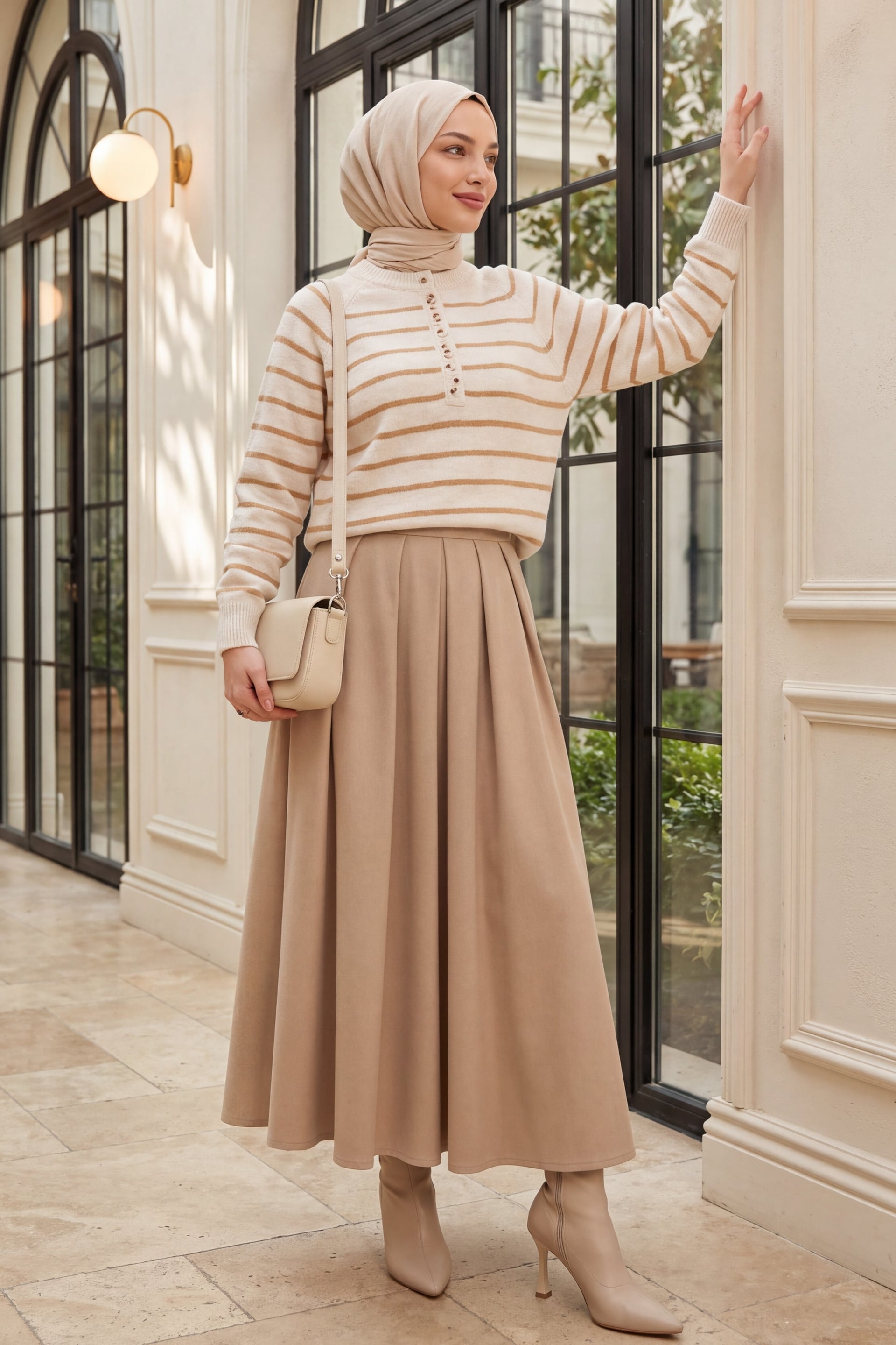 Cream and Brown Striped Buttoned Knit Sweater - Bigdart - by Peralane - photo 2