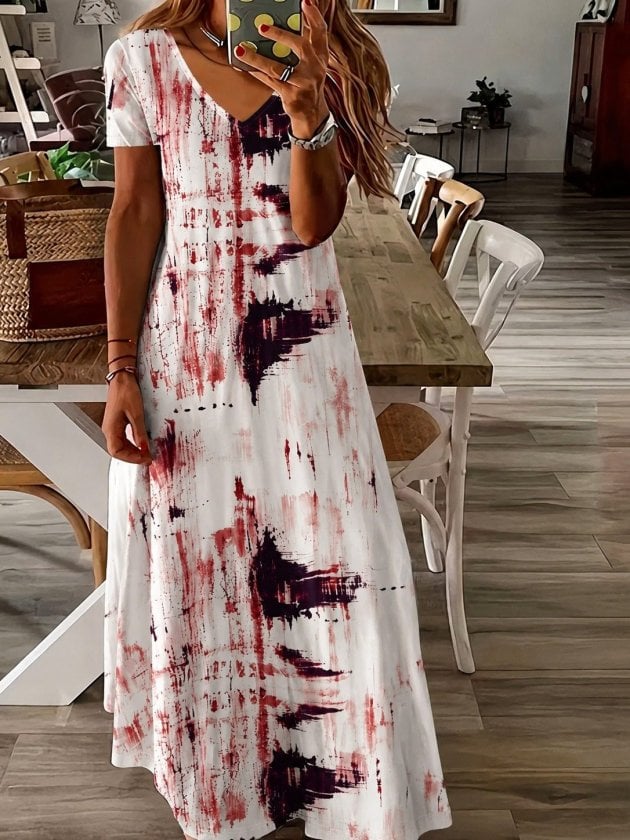 Women's Short Sleeve V-Neck Patterned Long Suprem Dress - Janes - by Peralane