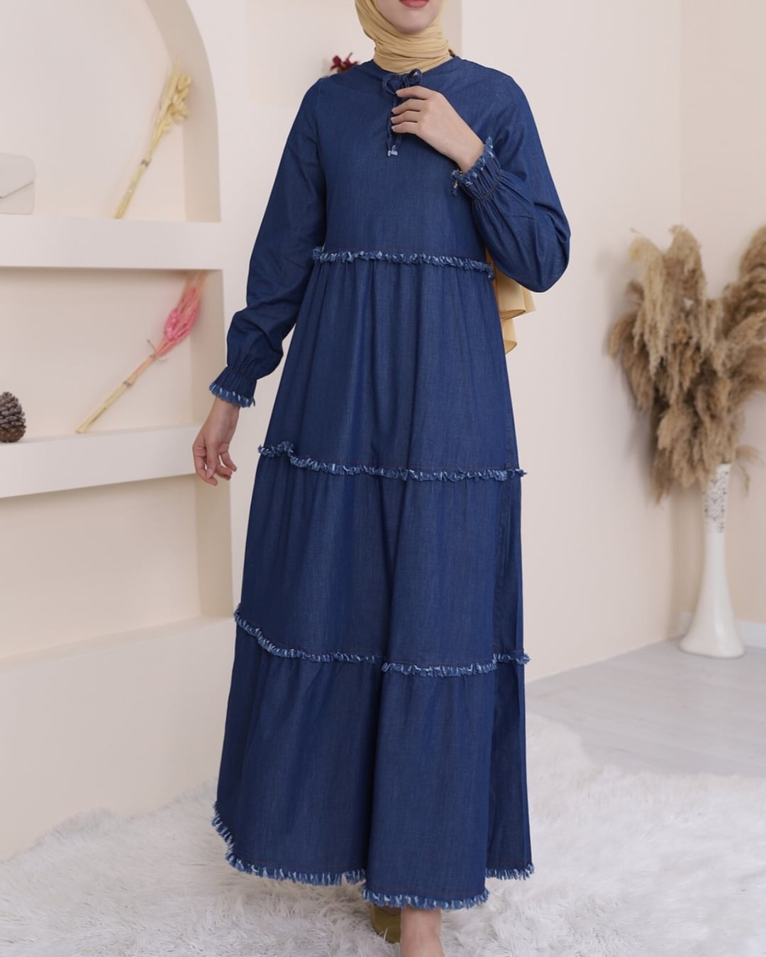 Three-Tier Washed Denim Dress - Indigo - Podyumplus - by Peralane - photo 4
