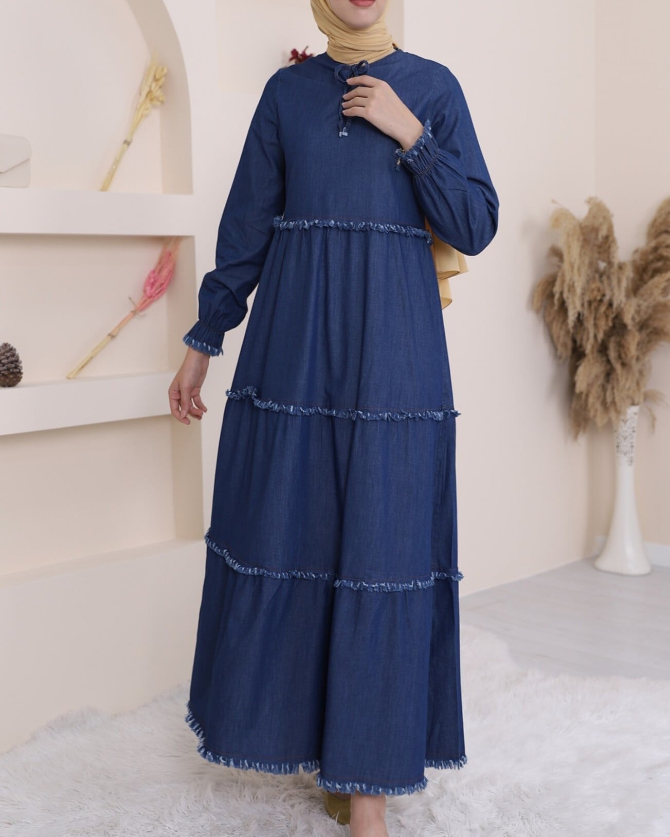 Three-Tier Washed Denim Dress - Indigo - Podyumplus - by Peralane - photo 4