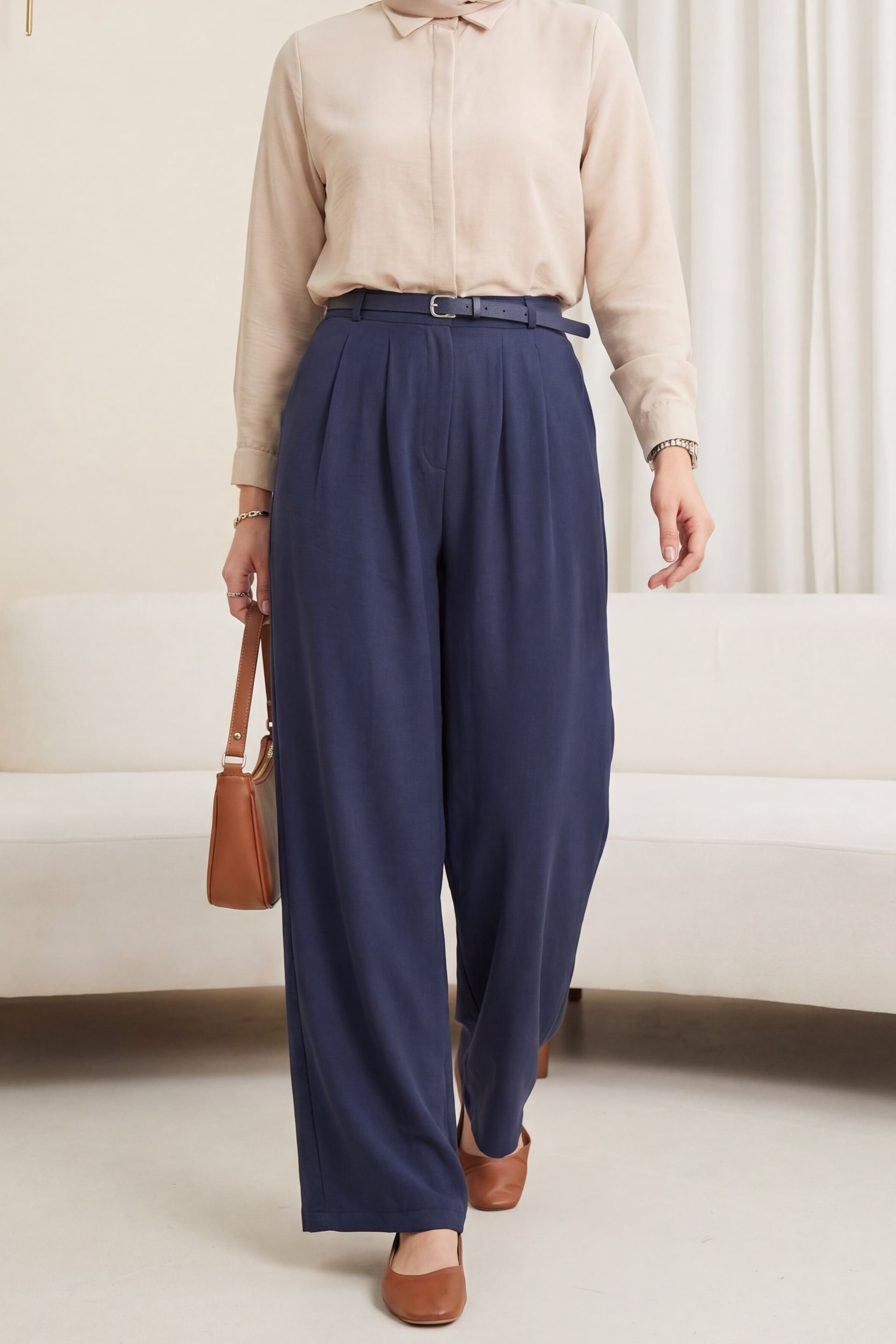 Women's Elastic Waistband Trousers with Belt Detail - Navy - Podyumplus - by Peralane - photo 4