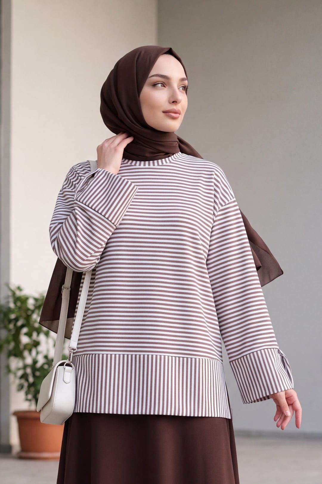 Boat Neck Slit Striped Viscose Sweatshirt - Light Brown - Podyumplus - by Peralane - photo 4