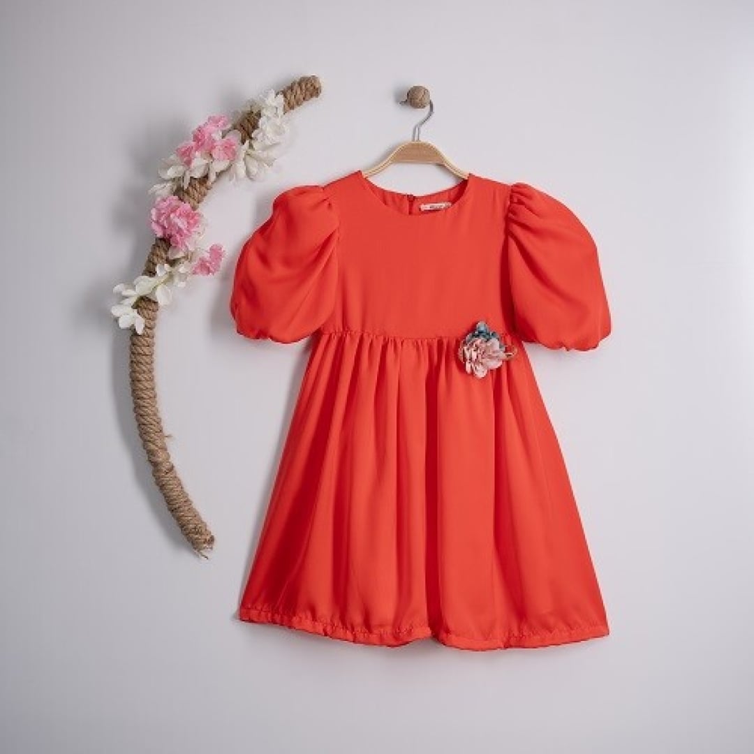 Girl's Dress with Puff Sleeves - Orange (4-Pack) - Busra Bebe - by Peralane