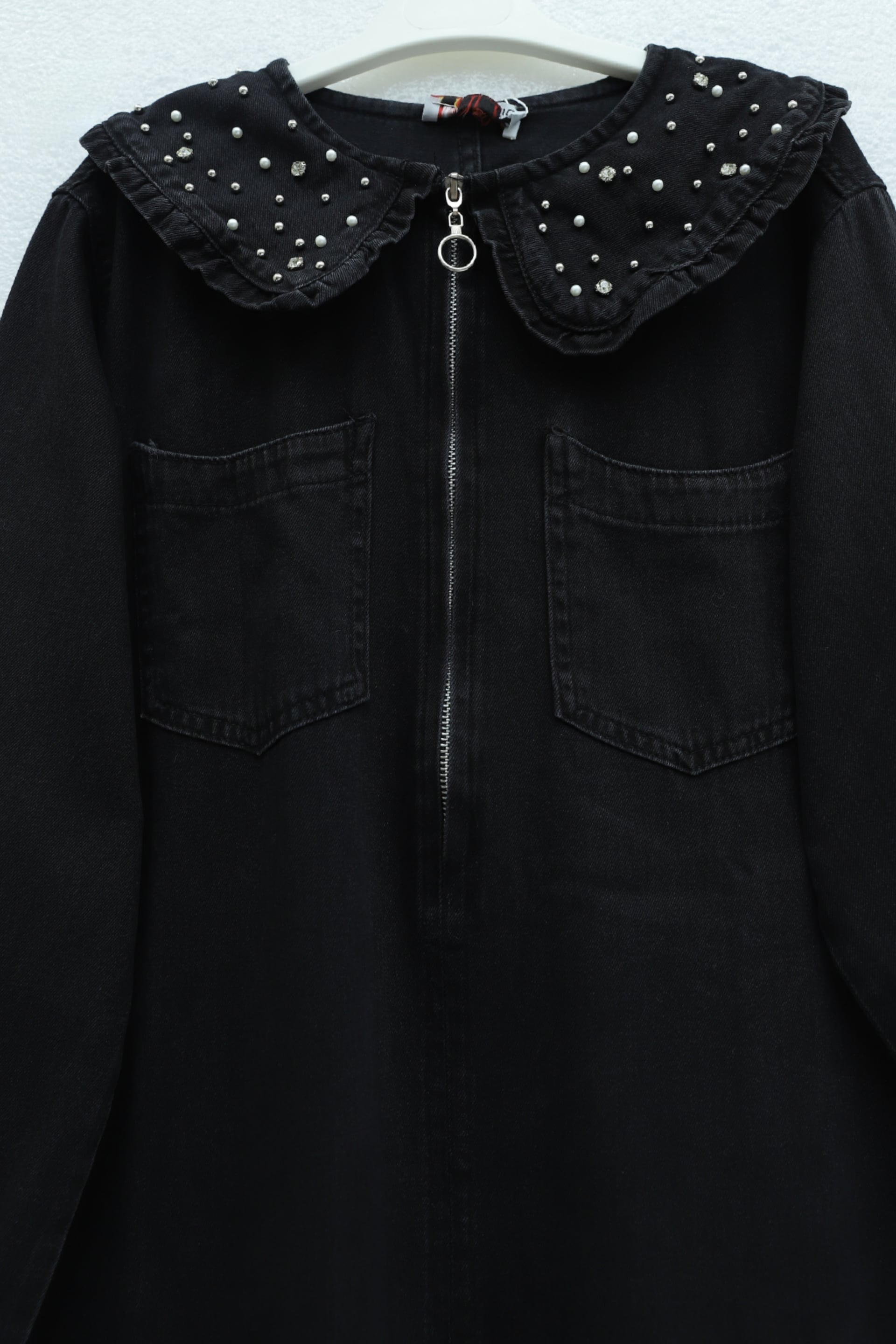Women's Denim Dress with Ruffle Collar and Belt - Black - Podyumplus - by Peralane - photo 5