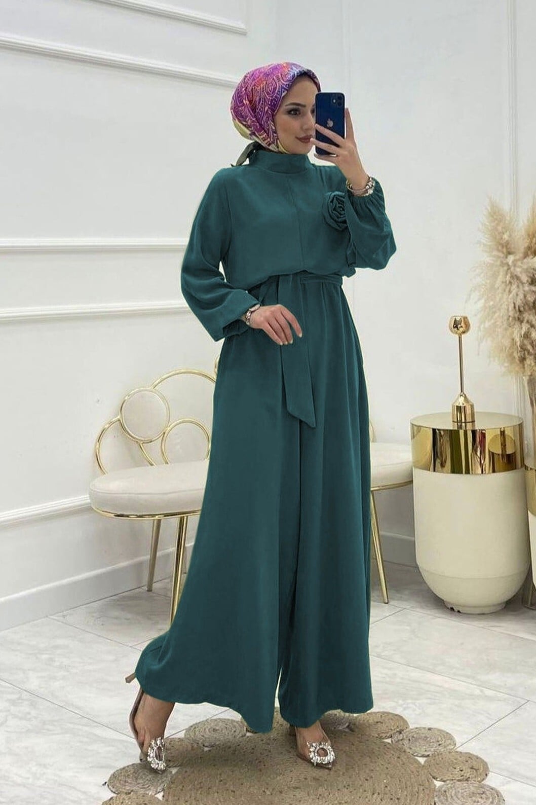 High Neck Belted Rose Detail Jumpsuit - Petrol - Podyumplus - by Peralane