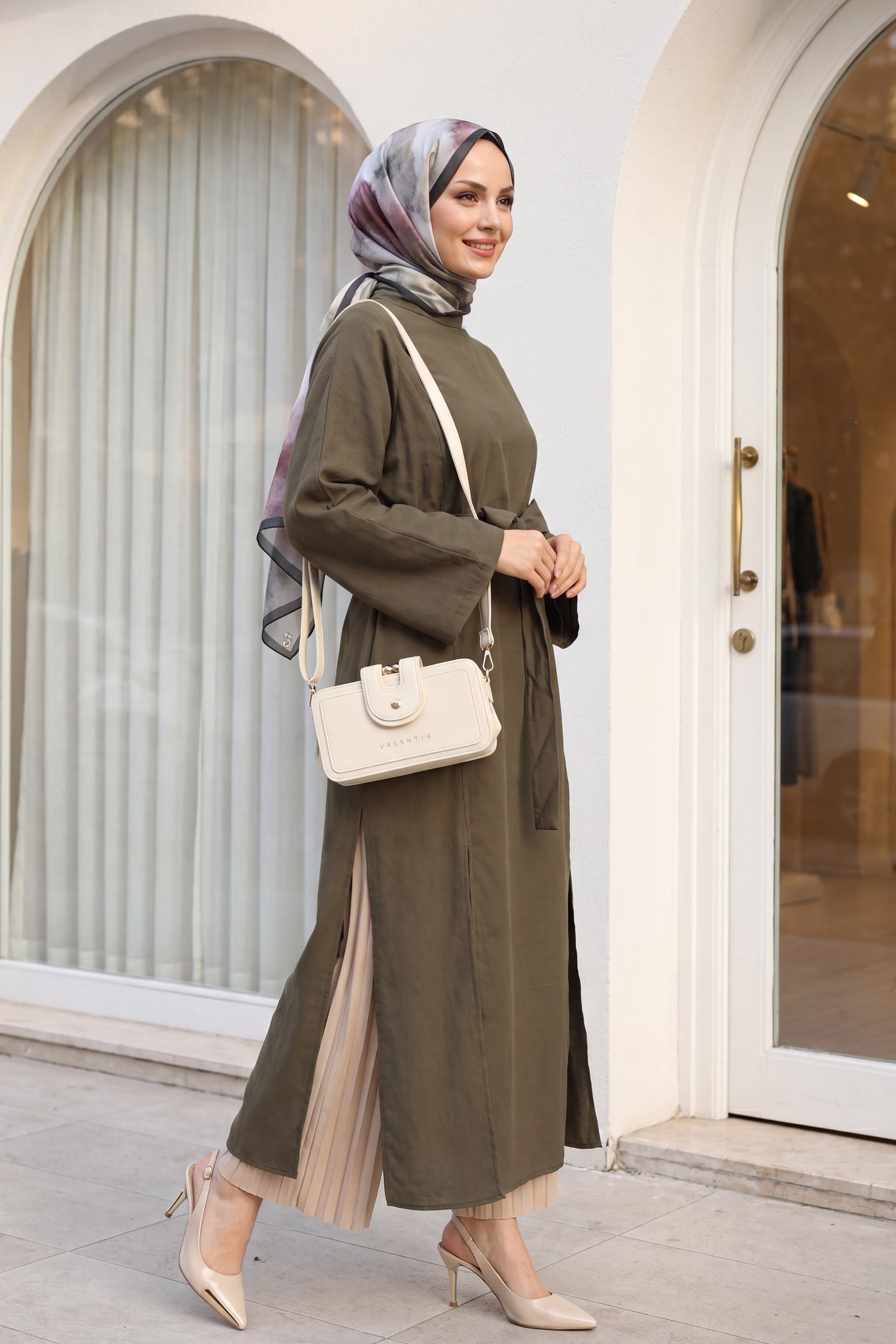 High Neck Deep Slit Belted Long Modal Tunic - Olive Green - Podyumplus - by Peralane - photo 4