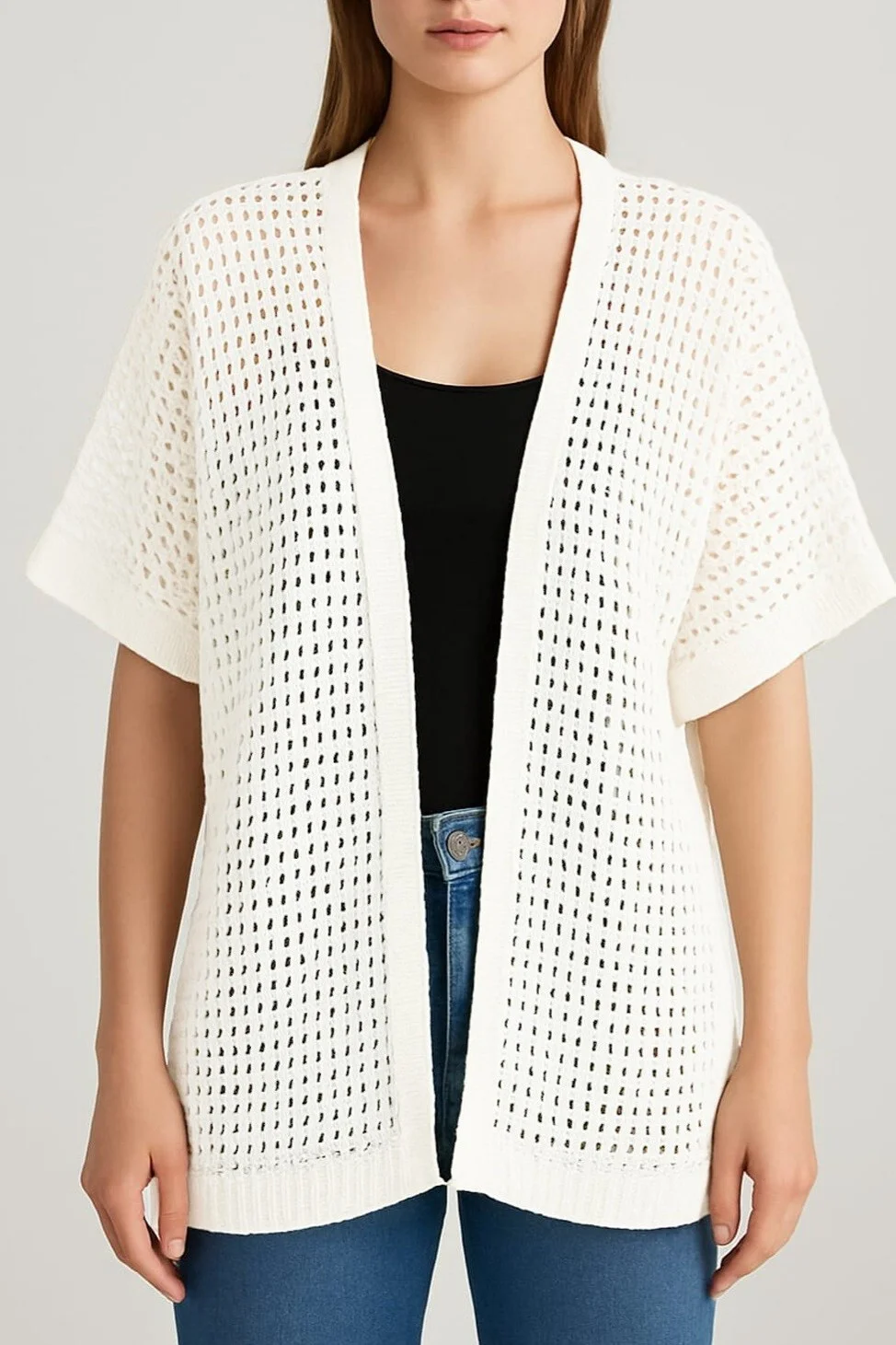 Batwing Half-Sleeve Open-Knit Cardigan - White - Podyumplus - by Peralane