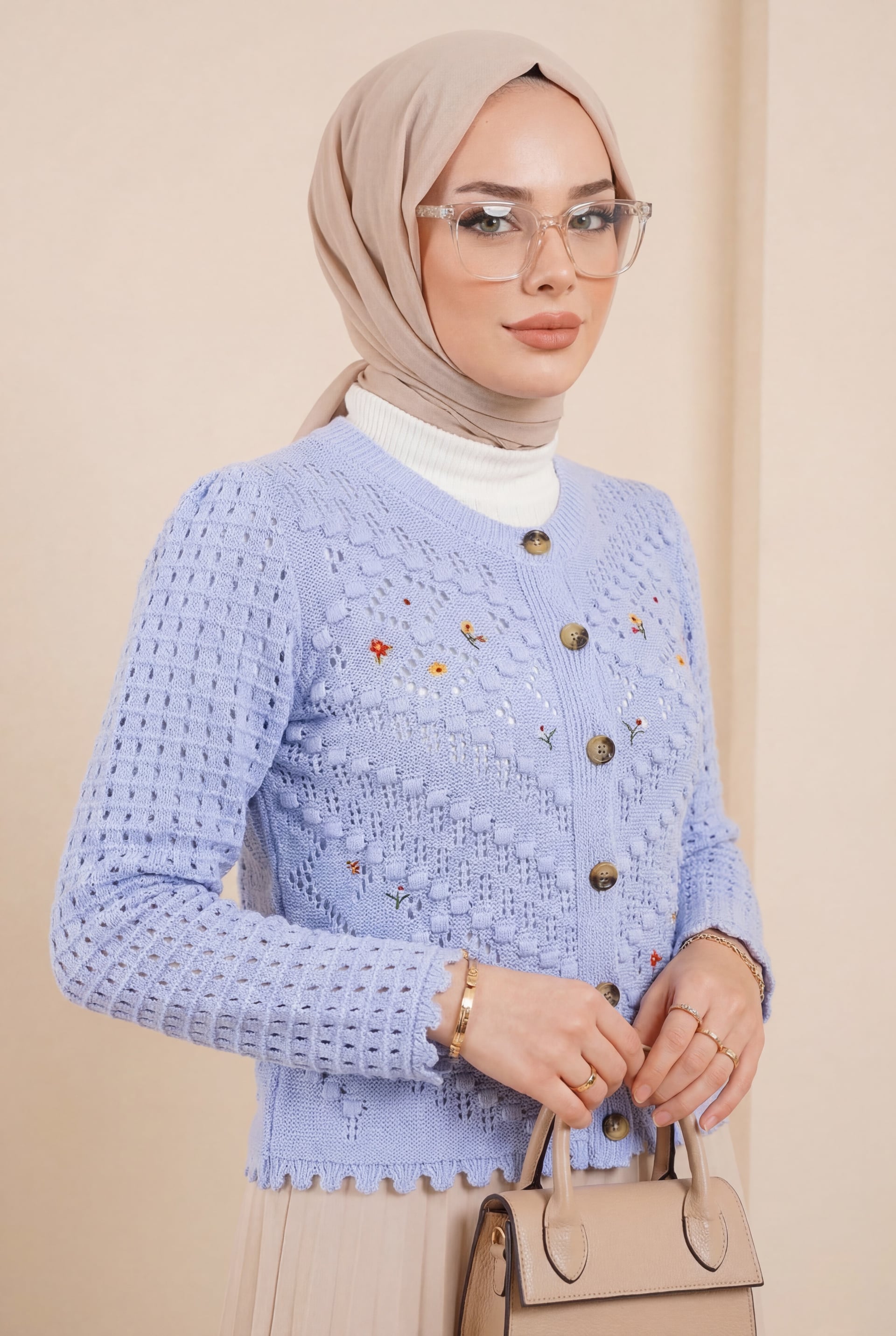 Light Blue Knitted Cardigan with Floral Embroidery and Pom-Pom Details - Podyumplus - by Peralane - photo 3