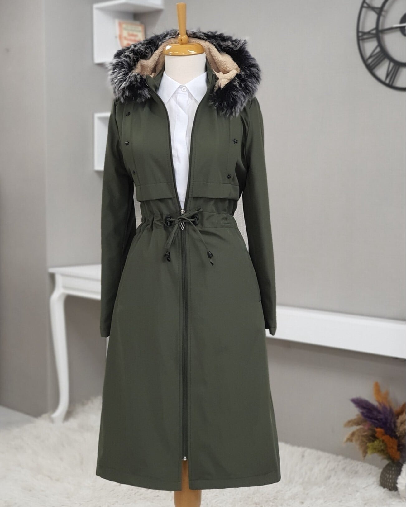 Hooded Long Olive Green Winter Coat with Faux Fur Trim - Podyumplus - by Peralane - photo 3