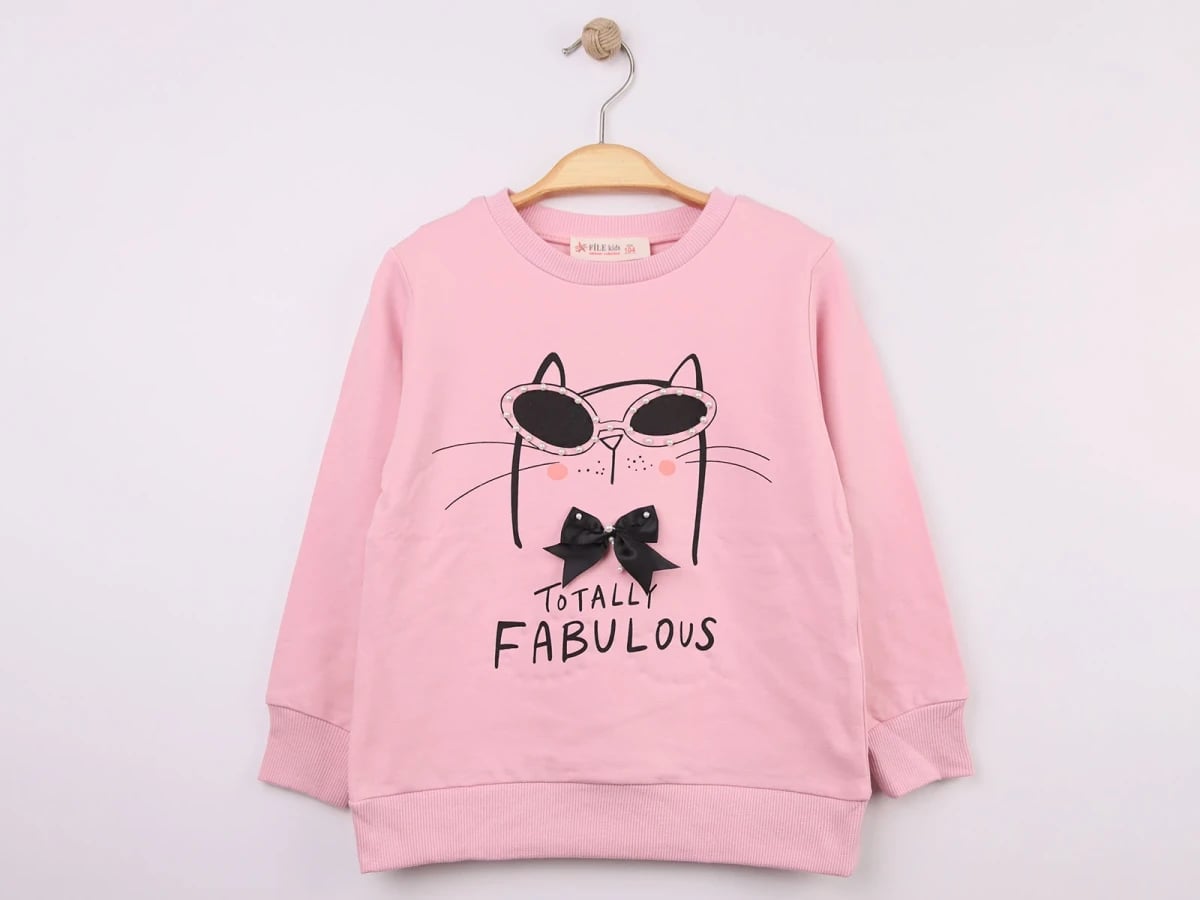 Girls' Cat Print Sweatshirt with Stone Detail - Pink - Star File - by Peralane