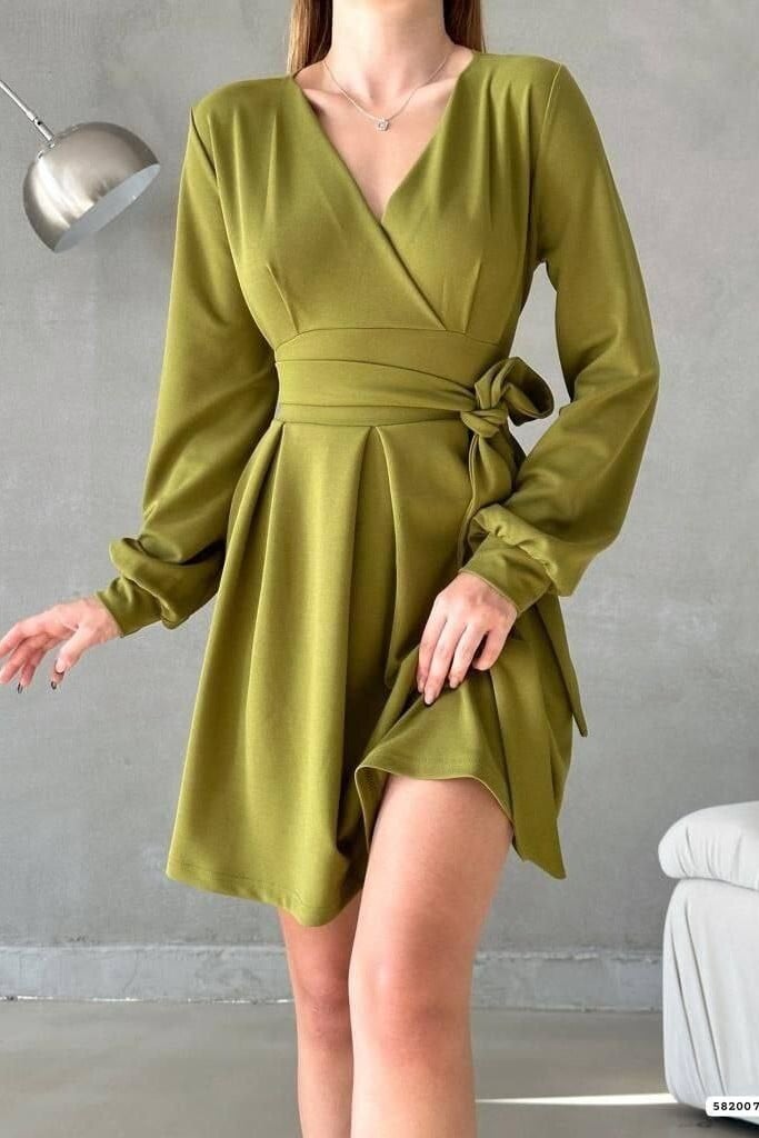 Wrap V-Neck Tie Belt Dress - Olive Green - Podyumplus - by Peralane