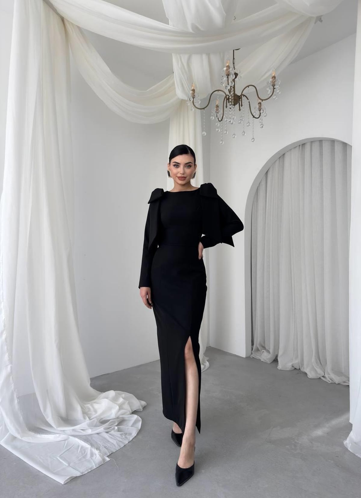 Black Long-Sleeved Cape Overlay Dress with Bow Details - Etika - by Peralane - photo 4