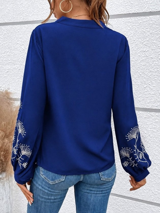 Women's Long Sleeve V-Neck Blouse with Floral Embroidered Sleeves - Janes - by Peralane - photo 2