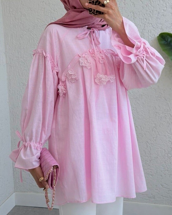 Pink Floral Applique Tie-Front Tunic with Lace Trim - Podyumplus - by Peralane - photo 3