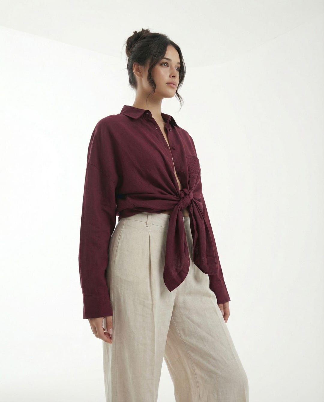 Burgundy Blouse and Beige Wide-Leg Trousers Set - 100% Linen - Fame - by Peralane - photo 3