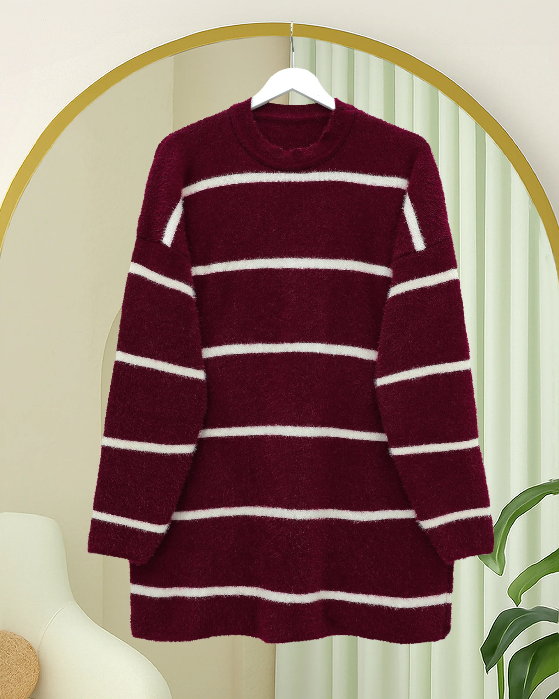 Striped Slouchy Knit Tunic - Burgundy - Podyumplus - by Peralane - photo 3
