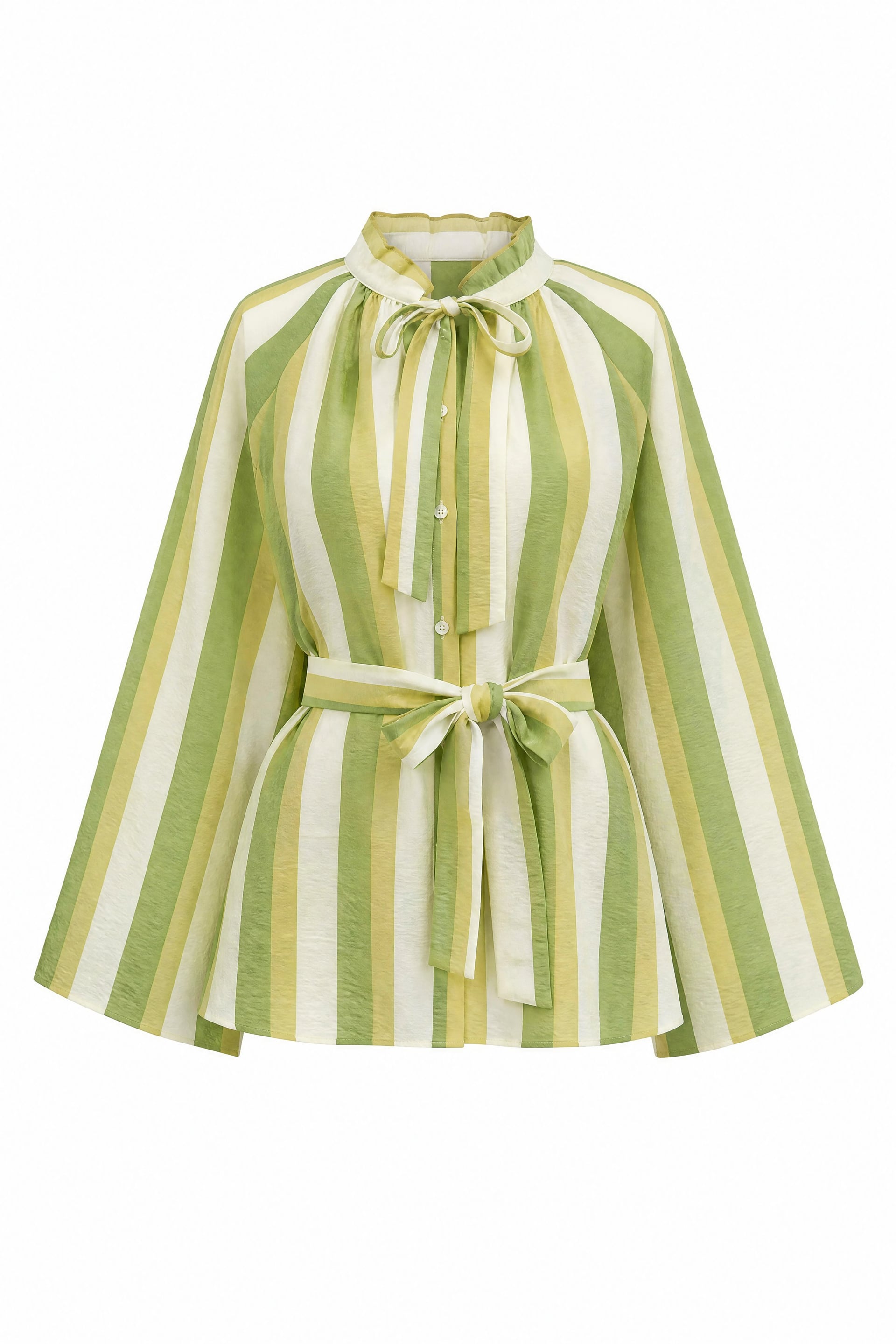 Olive Green Striped Tie-Back Long-Sleeve Blouse - Podyumplus - by Peralane - photo 7