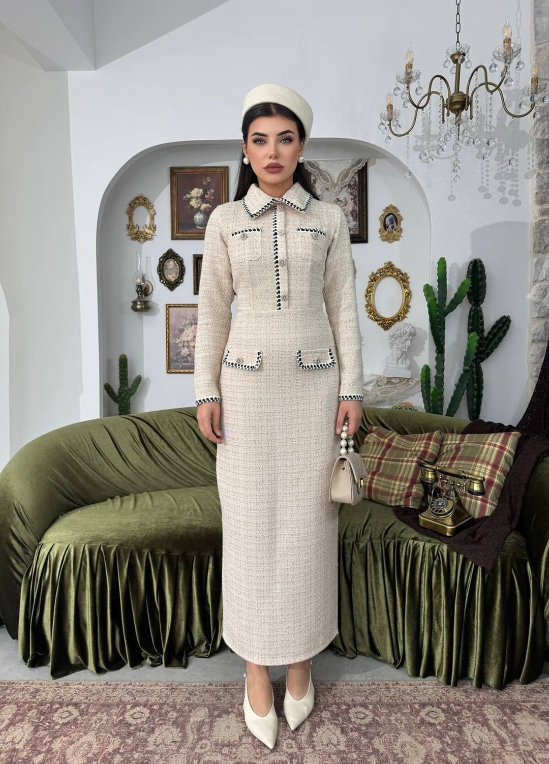 Resal Midi Tweed Dress in Beige - Etika - by Peralane - photo 6
