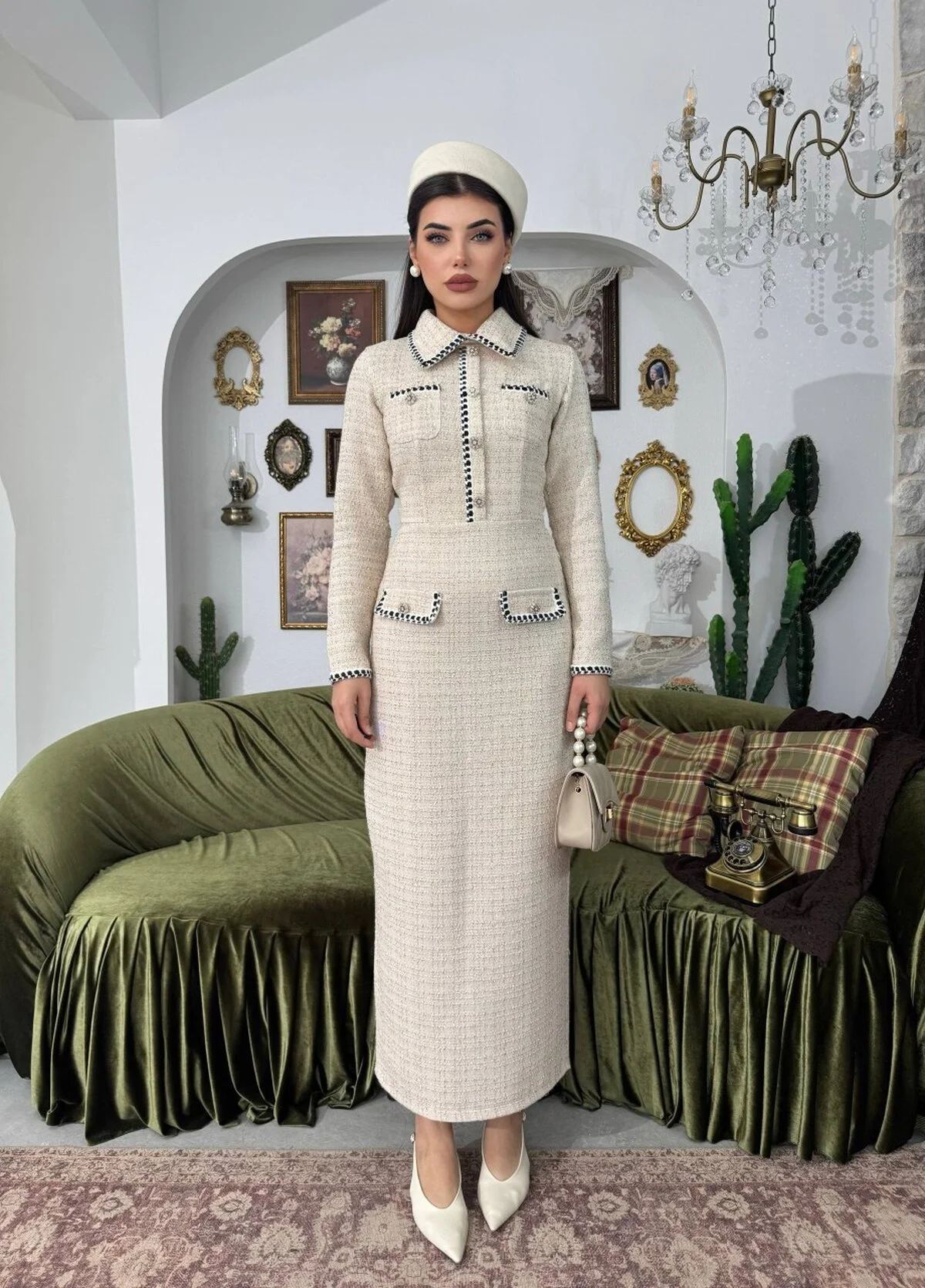 Resal Midi Tweed Dress in Beige - Etika - by Peralane - photo 6