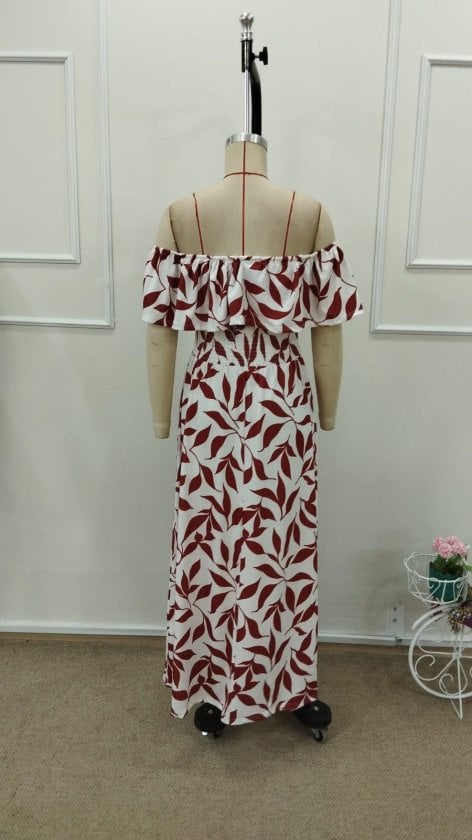 Women's Off-Shoulder Maxi Dress with Red Leaf Print - Janes - by Peralane - photo 6