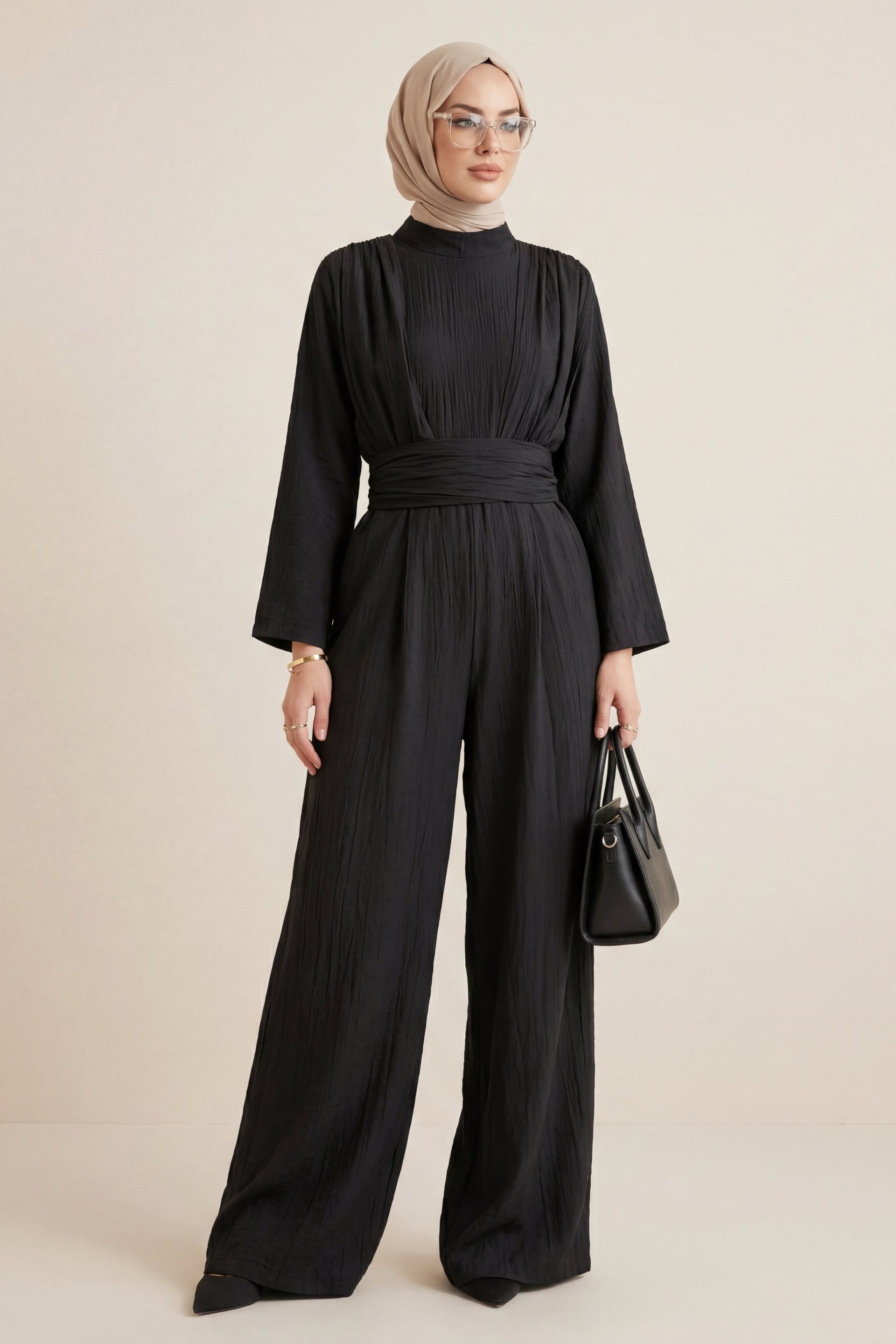 High Neck Pleated Detail Pocketed Belted Jumpsuit - Black - Podyumplus - by Peralane - photo 4
