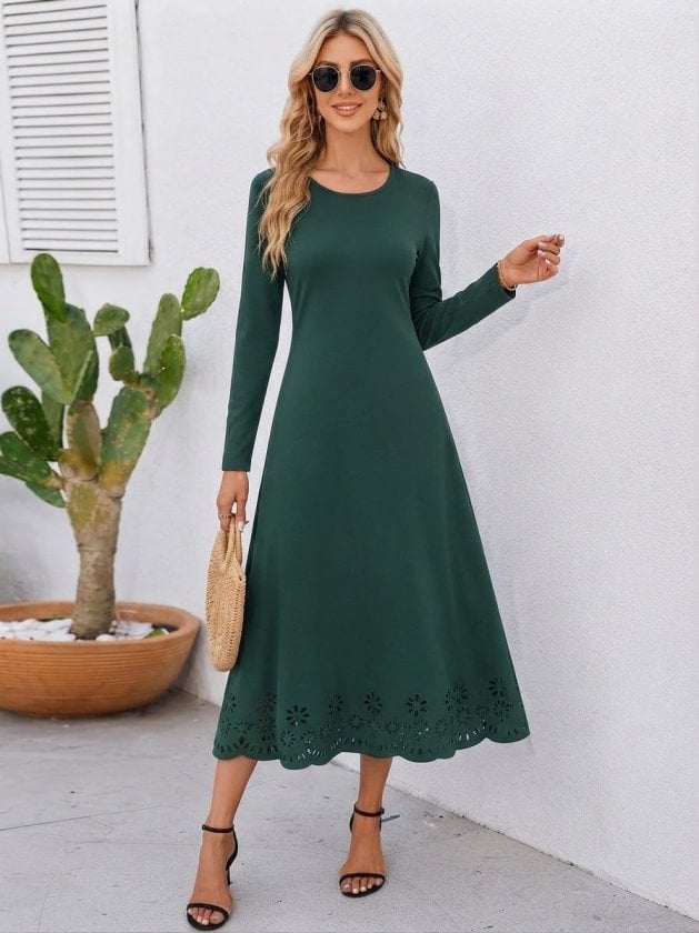 Women's Long-Sleeved Round Neck Floral Laser-Cut Detail Imported Crepe Midi Dress in Dark Green - Janes - by Peralane - photo 3