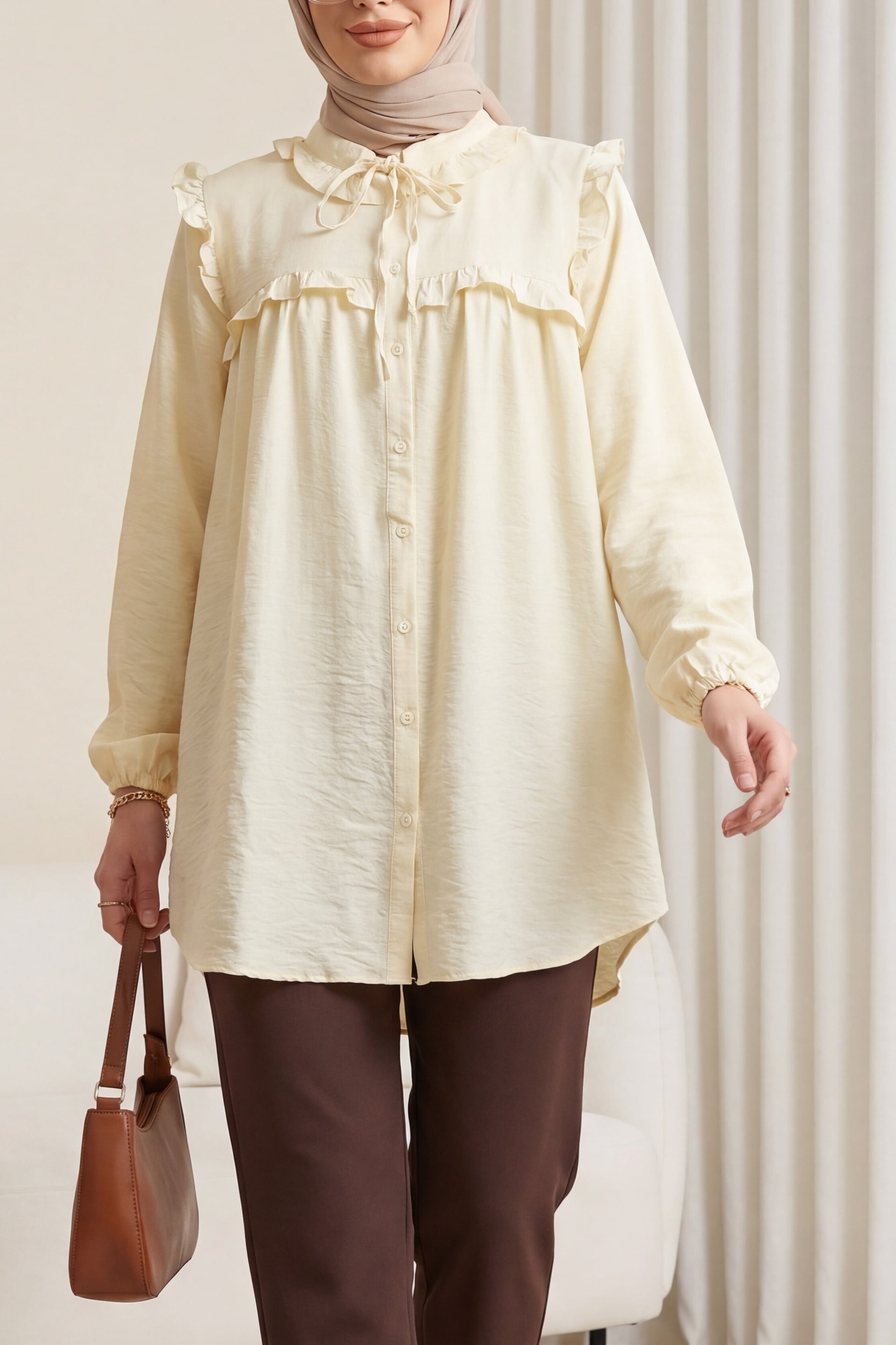 Ruffled Peter Pan Collar Tie-Front Blouse - Ecru - Podyumplus - by Peralane
