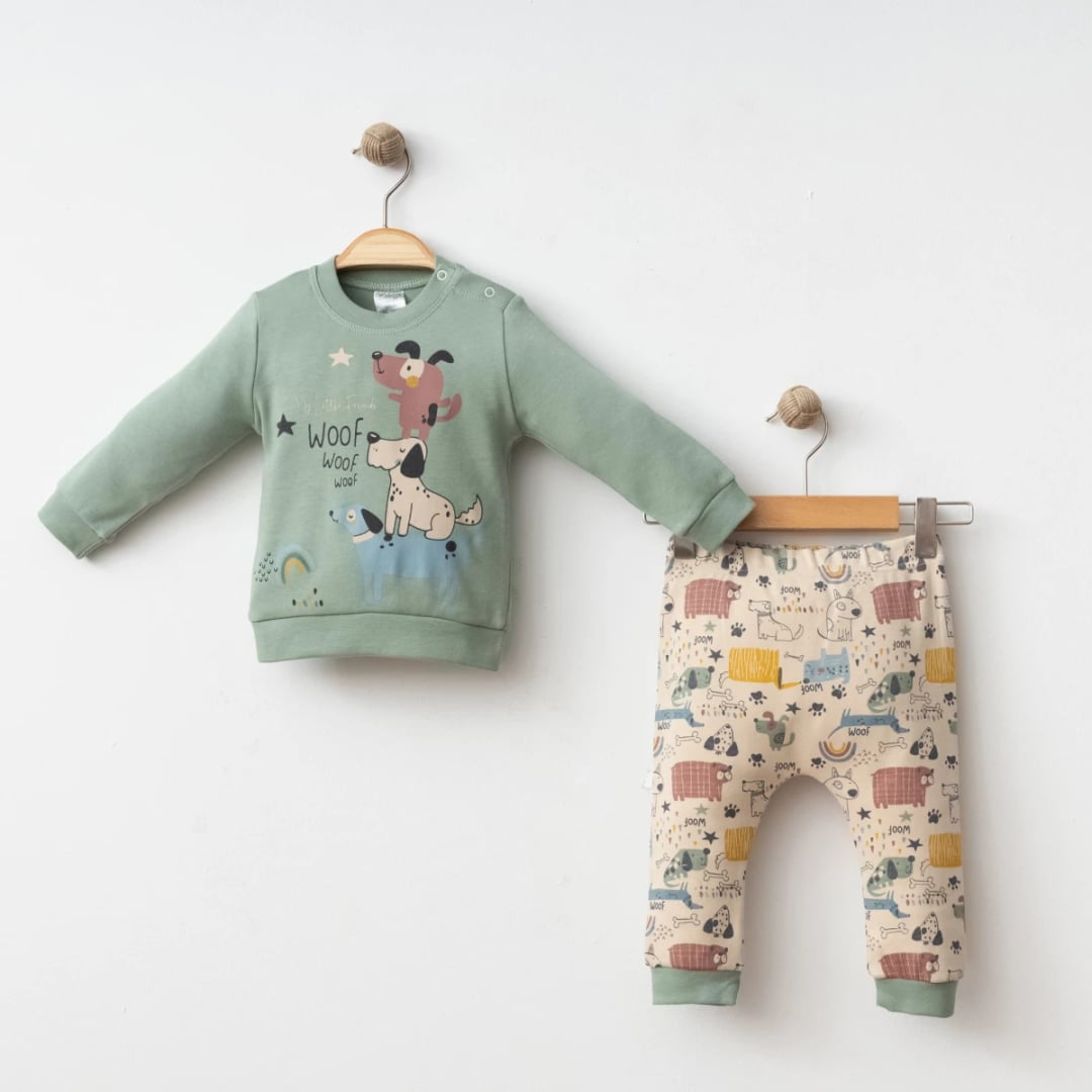 Animals Print 2 Piece Baby Set – Sage Green Sweatshirt and Beige Trousers - Gumus Baby - by Peralane