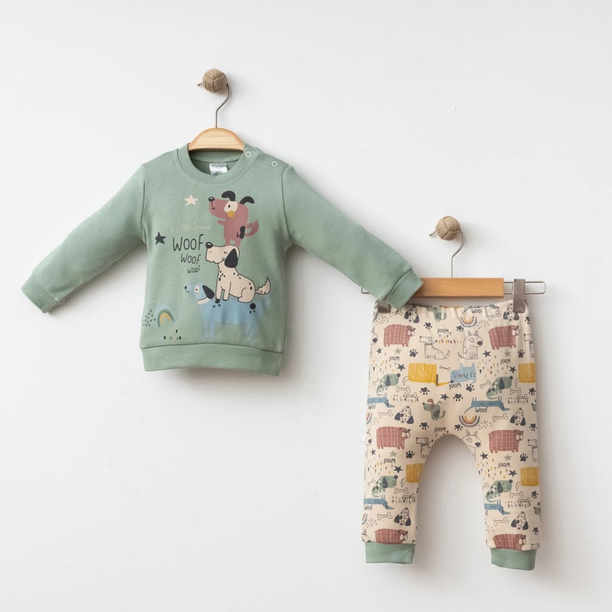 Animals Print 2 Piece Baby Set – Sage Green Sweatshirt and Beige Trousers - Gumus Baby - by Peralane