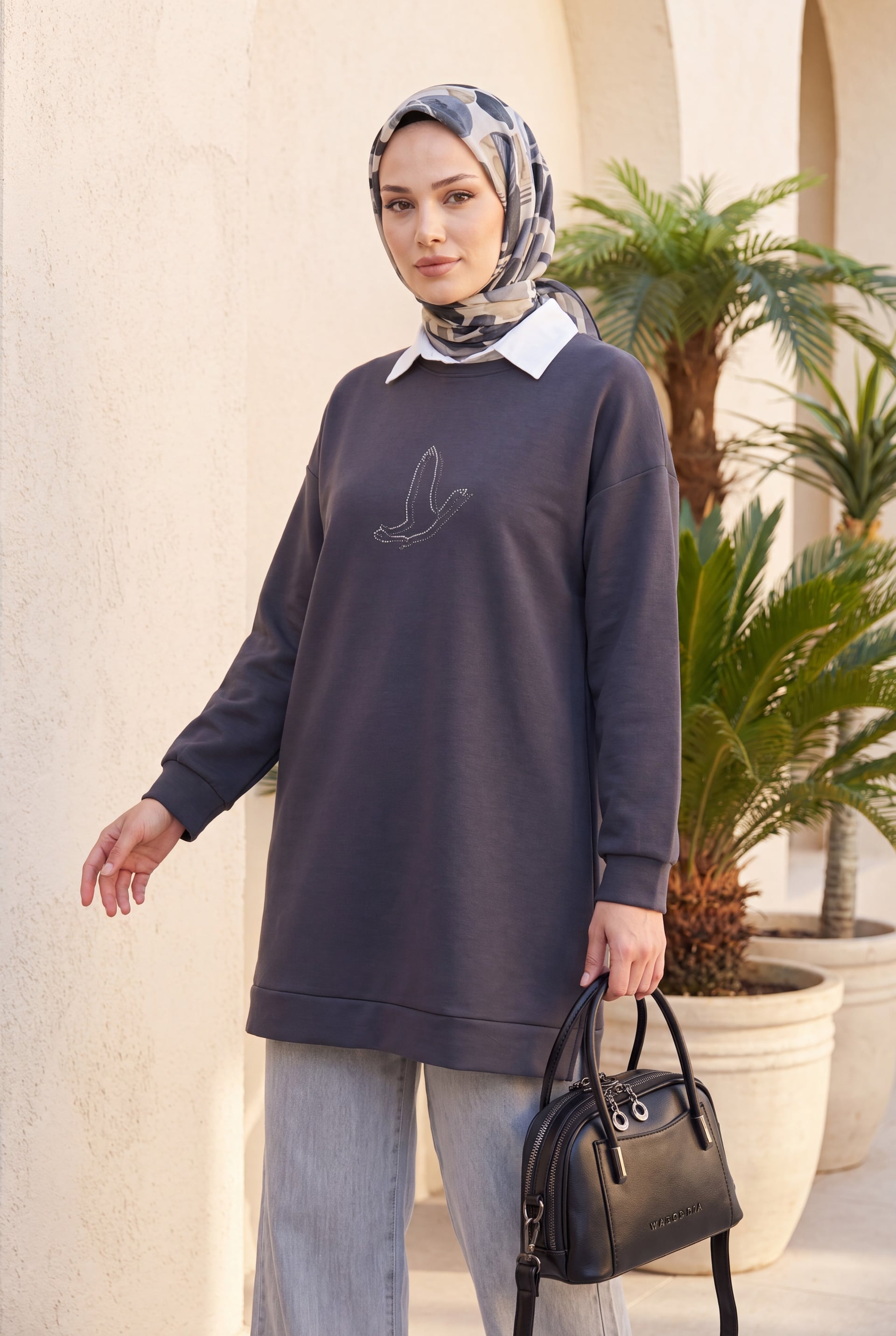 Bird Motif Embroidered Tunic - Dark Grey - Podyumplus - by Peralane - photo 4