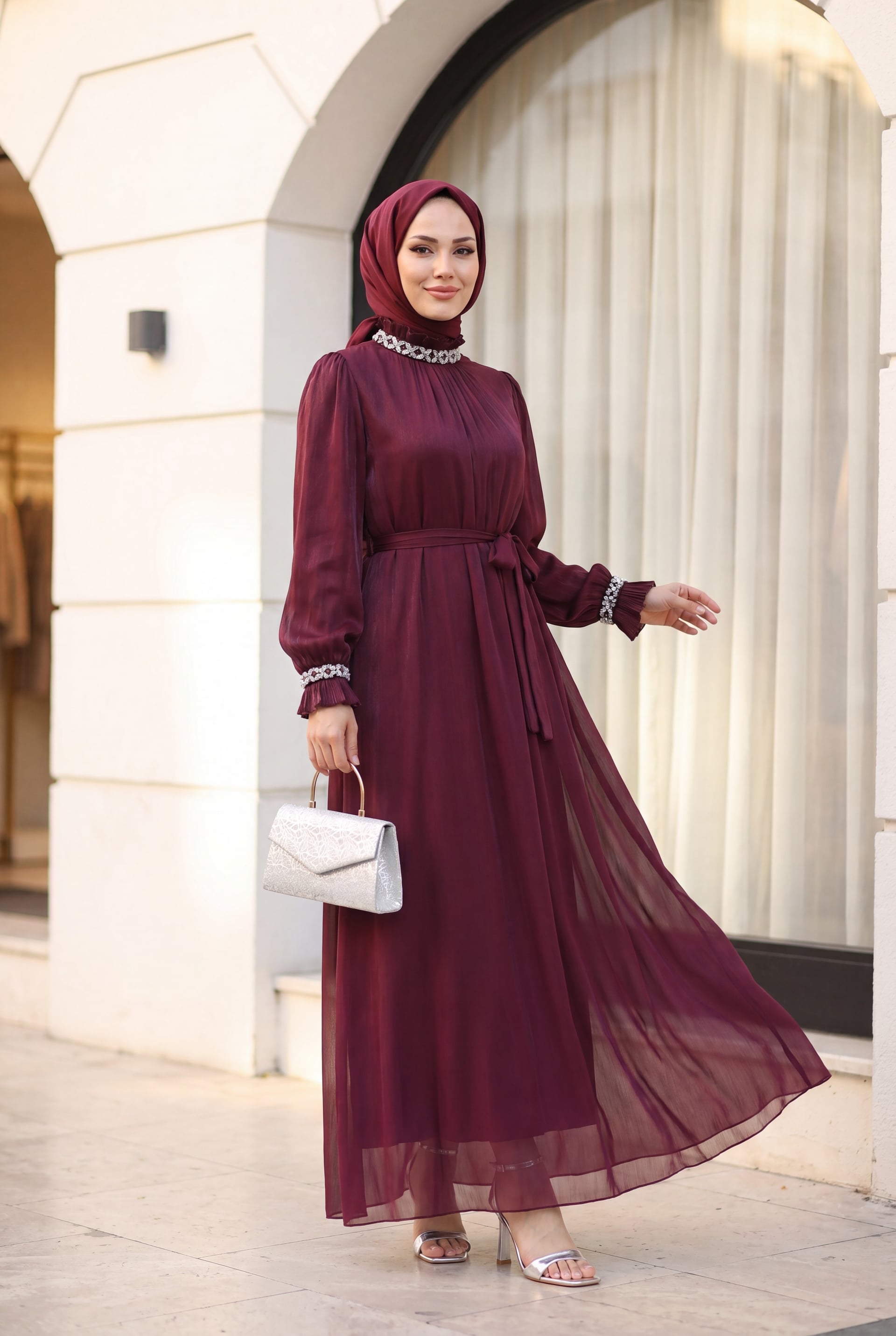Jeweled Neck and Cuff Balloon Sleeve Belted Shimmer Chiffon Evening Dress in Burgundy - Podyumplus - by Peralane - photo 5
