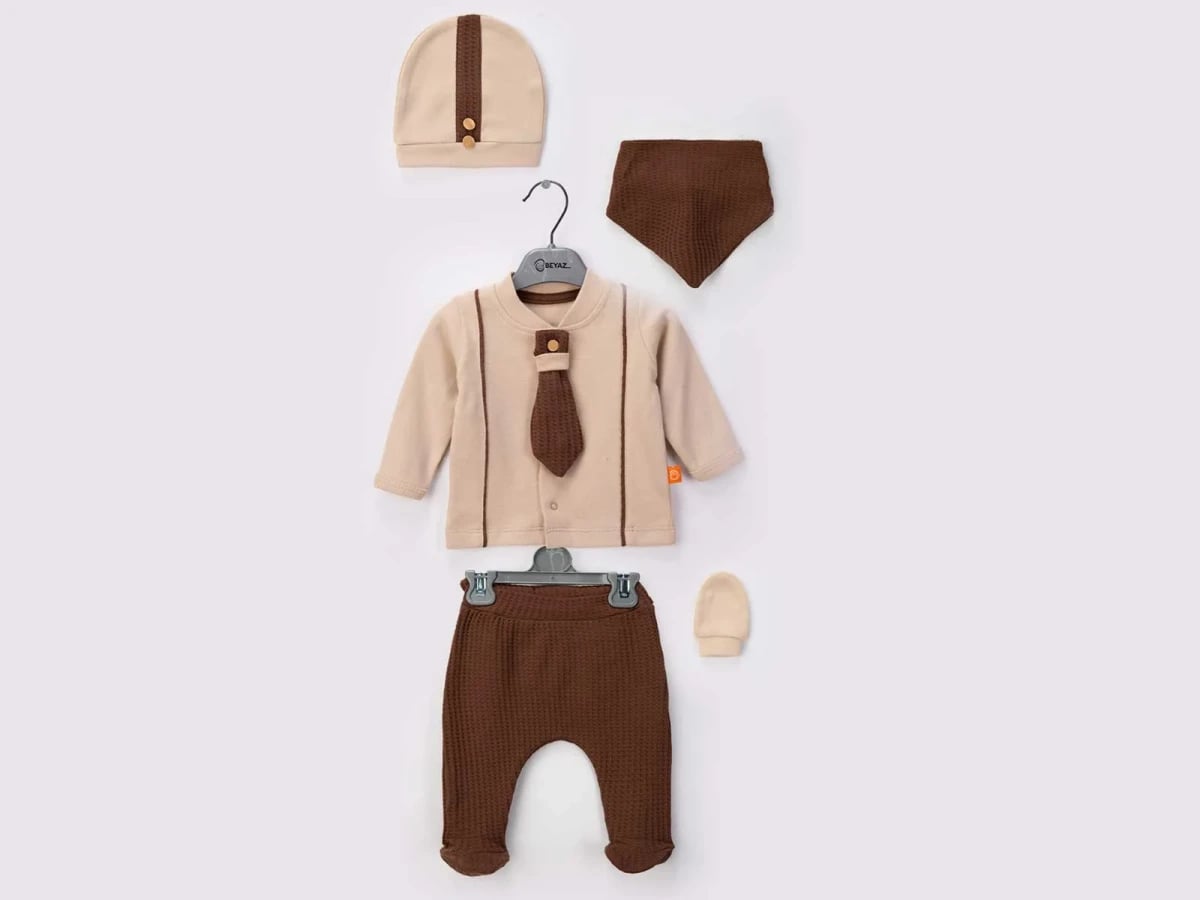 Baby Boy Knitted Set with Tie - Beige (Pack of 2) - Beyaz Bebek - by Peralane