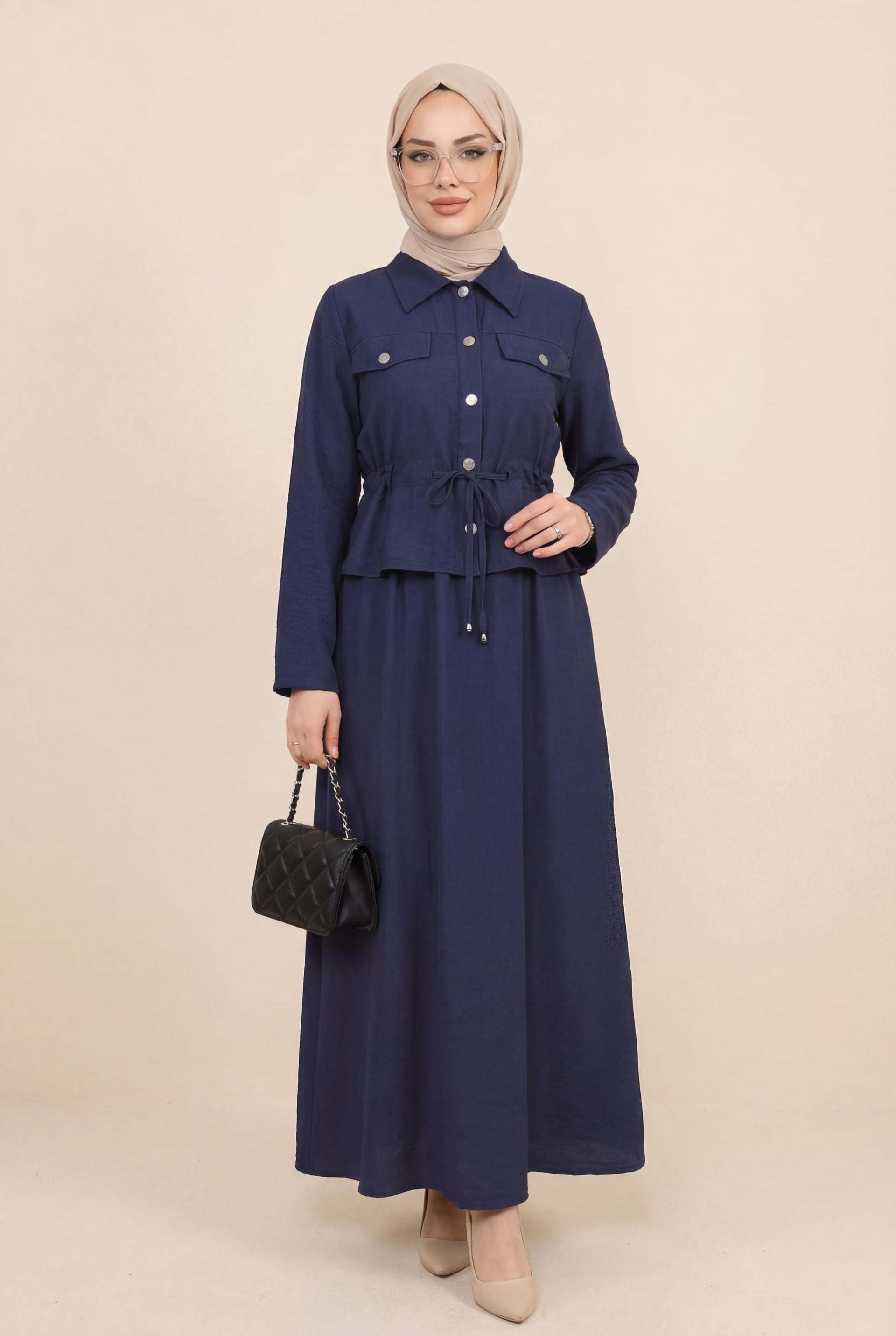 Navy Blue Modest Two-Piece Set with Long-Sleeve Shirt and Maxi Skirt - Podyumplus - by Peralane - photo 2