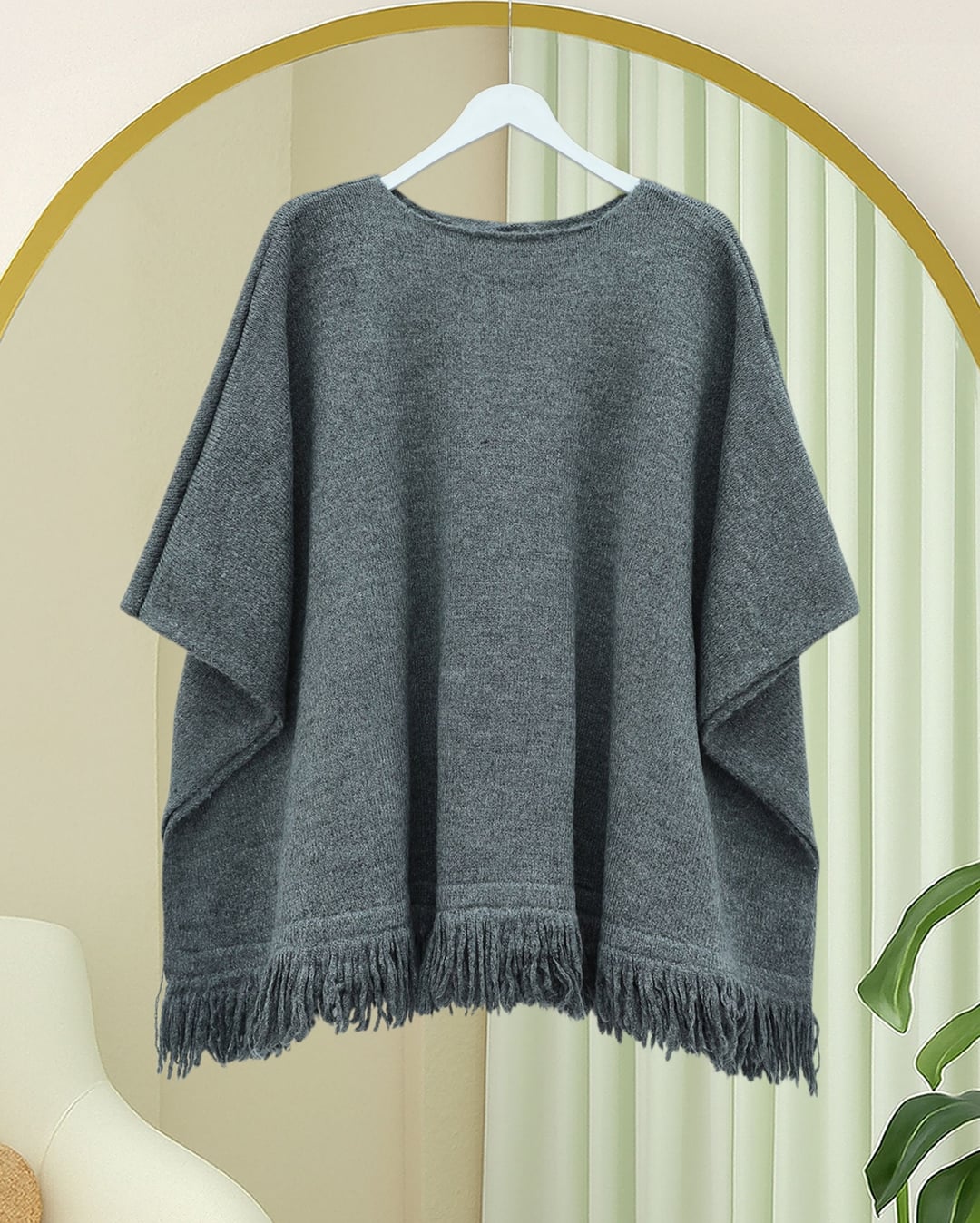 Fringed Hem Knitted Poncho - Smoke - Podyumplus - by Peralane - photo 3